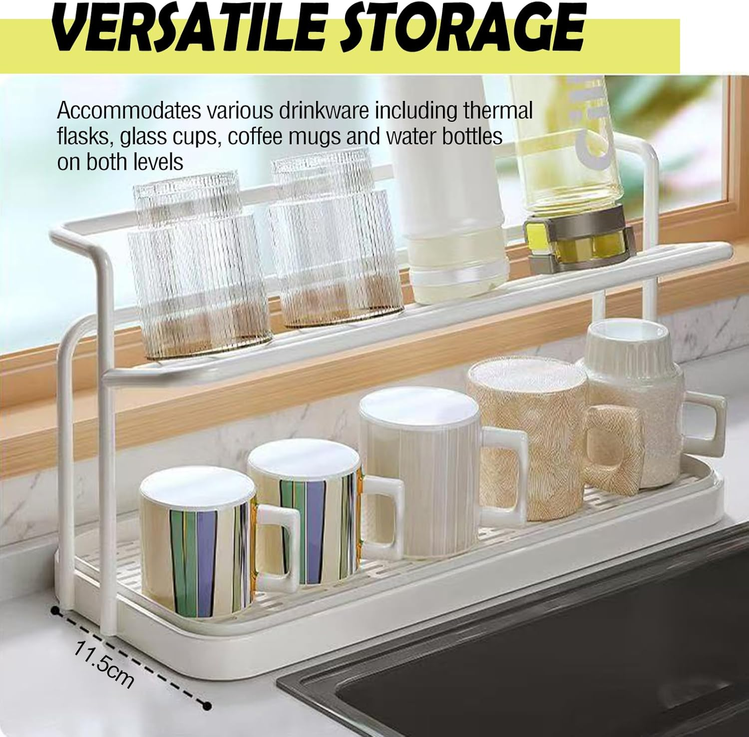 2-Tier Cup Drying Rack, Draining Organiser with Storage for Mugs and Bottles, White image number 3