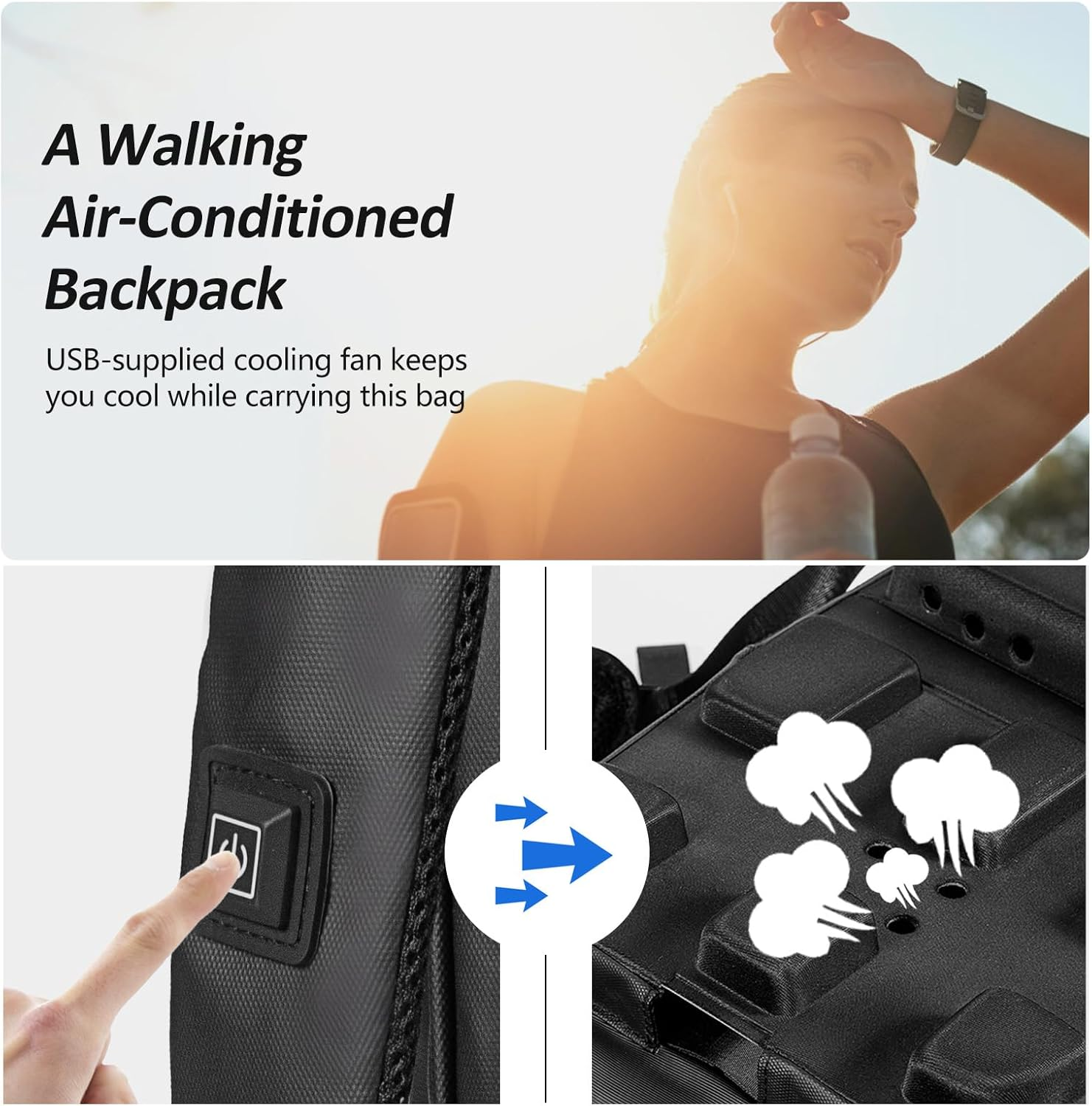 Two Shoulder Bag, Travel Backpack with Cooling Fan 3 Levels of Wind Waterproof Sport Daypack with USB Port Casual Laptop Backpack for Trip School Office image number 2