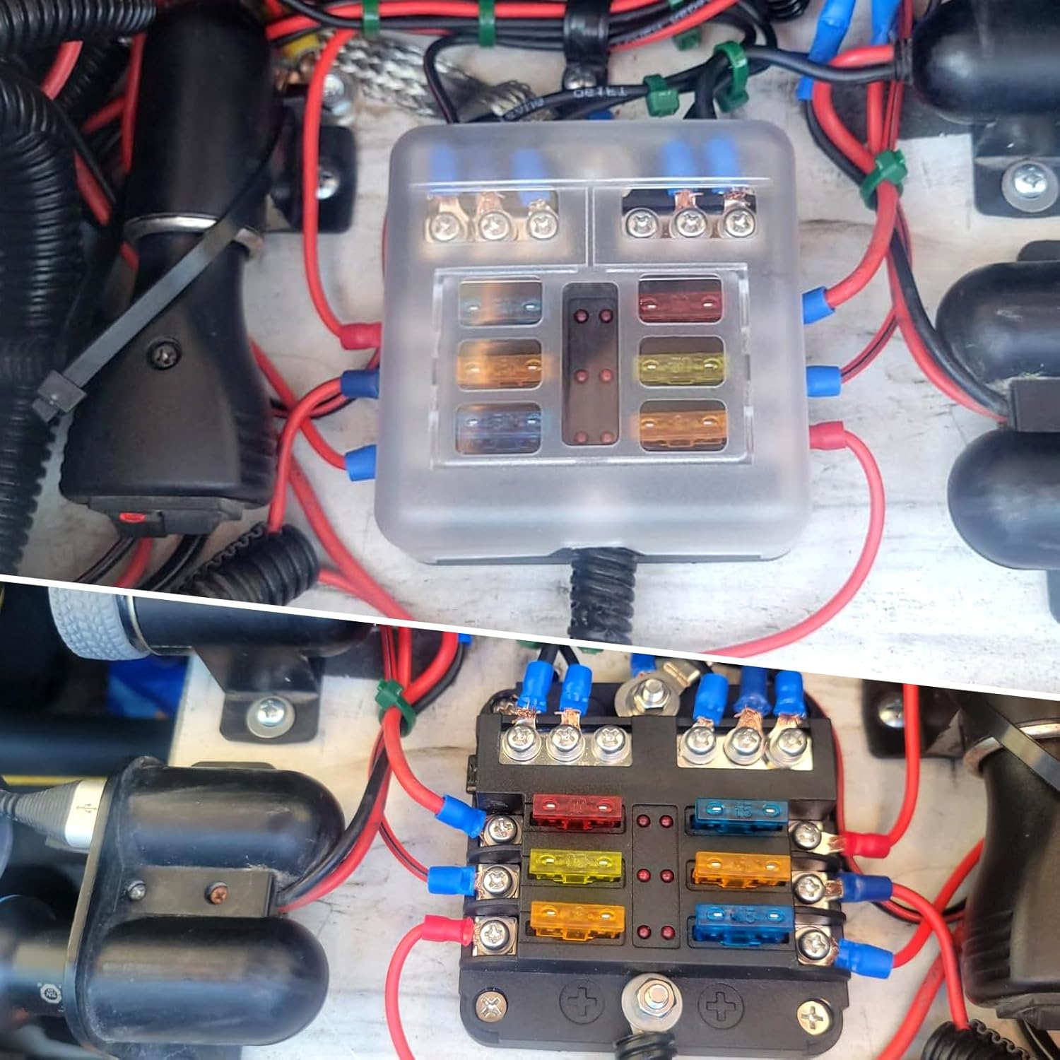 Uckasayfy 6 Way Fuse Box 12V/24V DC ATC/ATO Fuse Block with 16 Pcs Fuses LED Indicator Negative Bus for Automotive, Car, Boat, RV, Truck, Marine image number 6