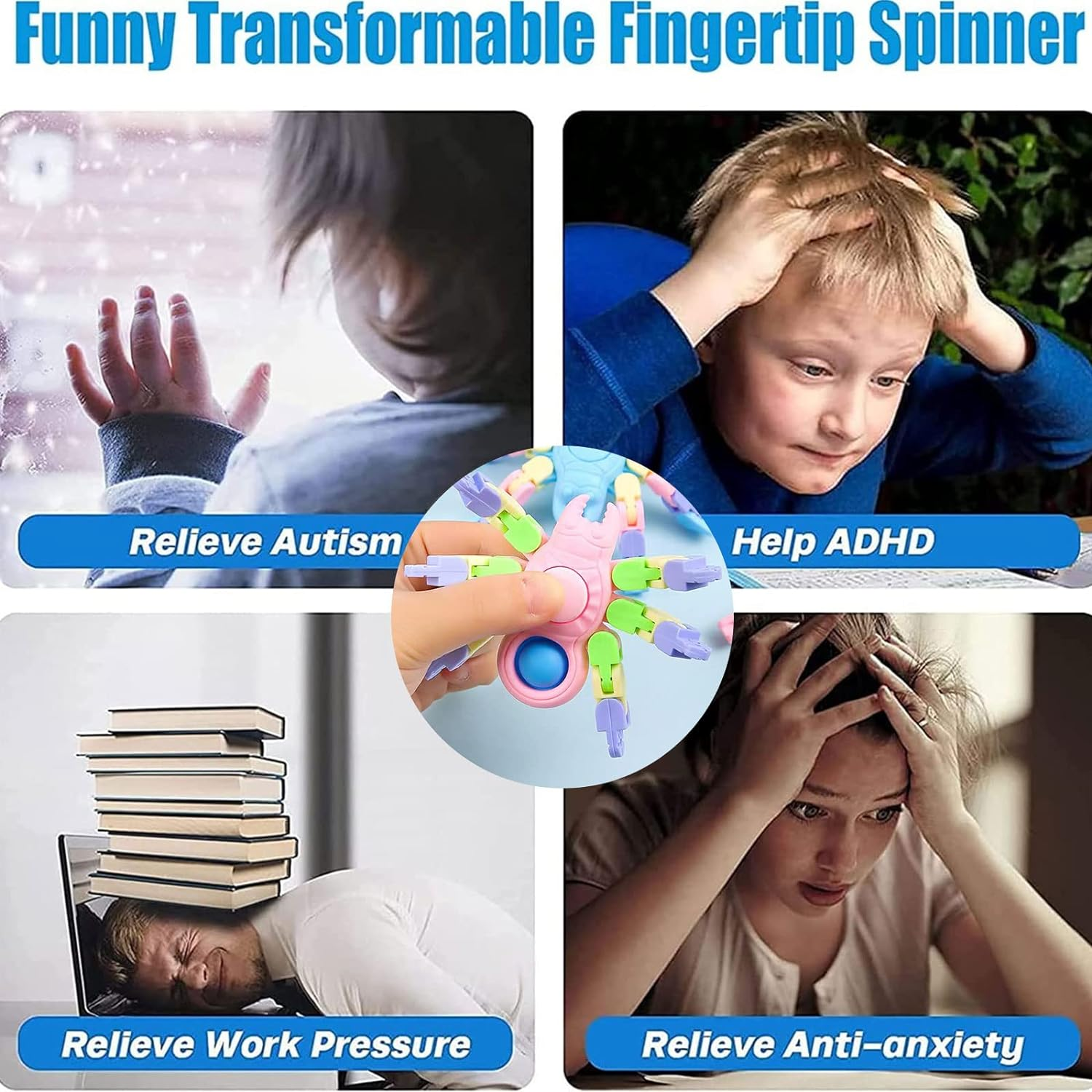 4 Pack New Sensory Fidget Toys, Transformable Chain Pop Spider Fingertip Toy, DIY Fidget Spinners for Kids & Adults, Versatile Party Favors, Gifts & Classroom Supplies