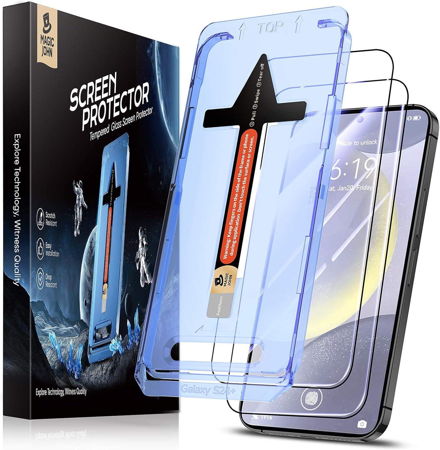 MAGIC JOHN 2 Pack for Samsung Galaxy S24 Plus/ S24+ Tempered Glass Screen Protector, Auto Dust-Elimination Installation, Bubble Free, HD Clear, Shock-Resistant, Case Friendly