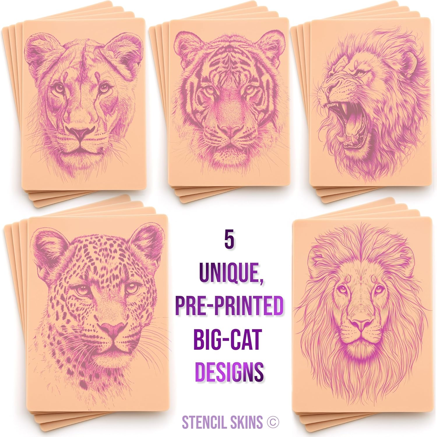 Stencil Skins Pre Printed Tattoo Stencils Skin for Practice Set of 5 Feline Designs, 3Mm Silicone Fake Skin Tattoo Second Skin, Practice Shading, Line Work Realistic Big Cat Set image number 5