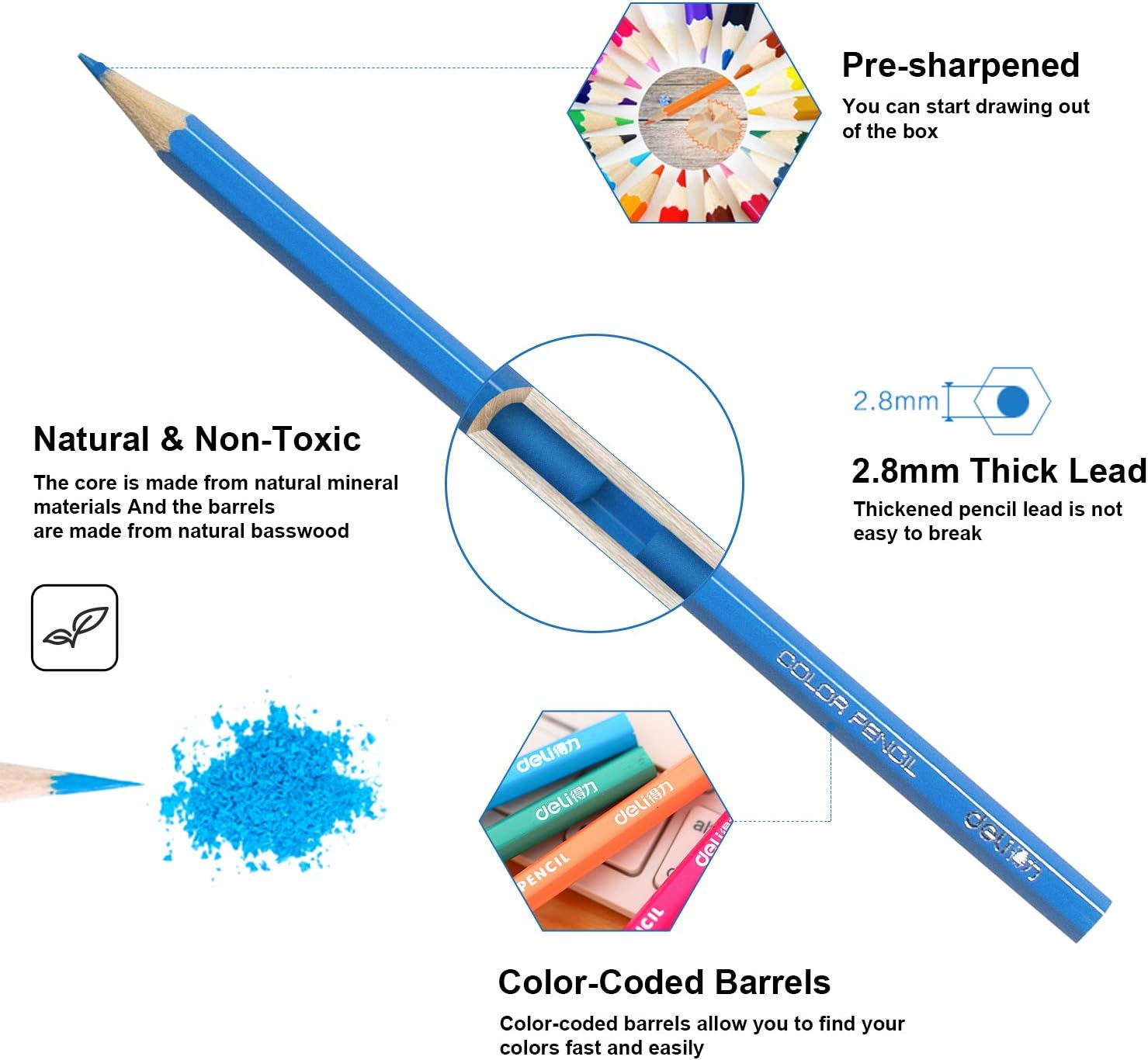 Deli 48 Pack Colored Pencils with Built-In Sharpener in Tube Cap, Vibrant Color Presharpened Pencils for School Kids Teachers, Soft Core Art Drawing Pencils for Coloring, Sketching, and Painting