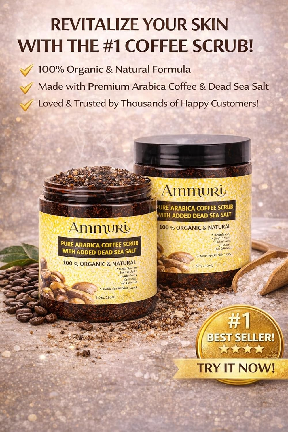 Pure Coffee Arabica Anti-Cellulite Exfoliating Dead Sea Salt Scrub for Face Body Legs & Foot Best Hydrating Stretch Marks Wrinkles Varicose Veins Treatment Boosts Circulation for Men & Women image number 5