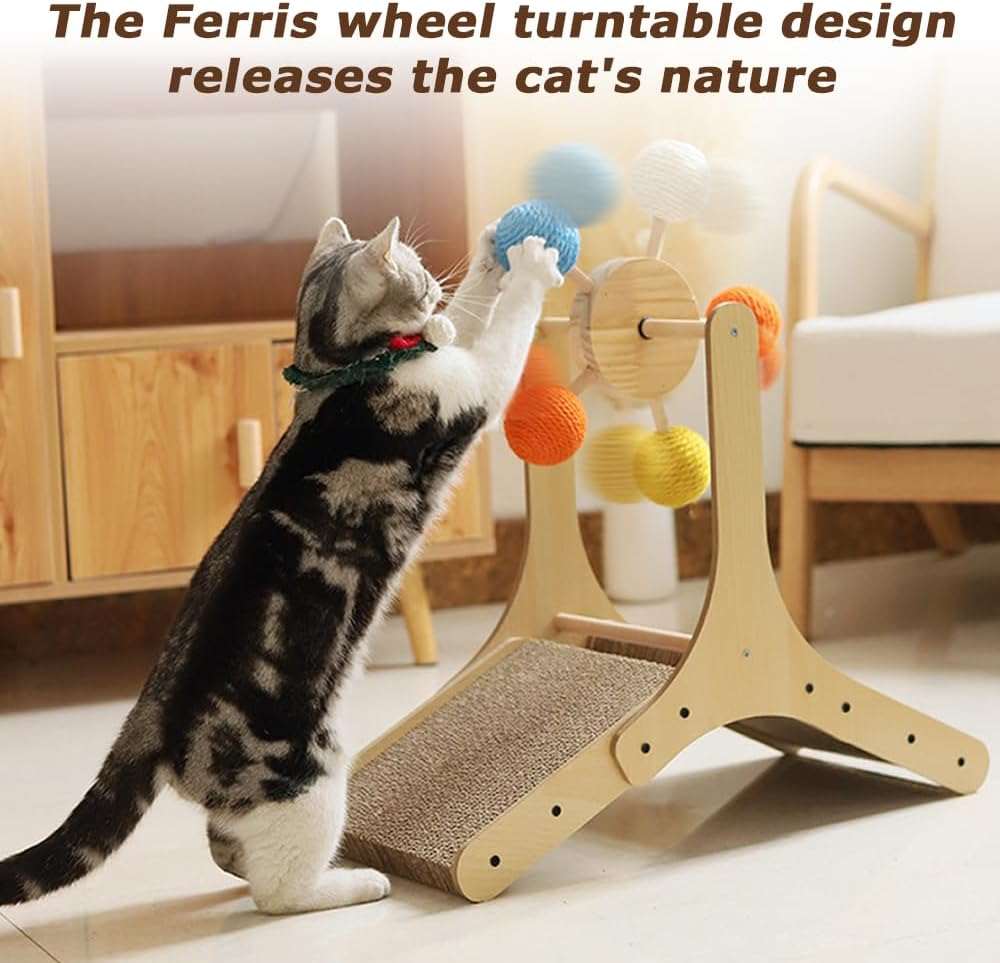 Wood Cat Climbing, Interactive Puss Play Tower, Toy with 360&deg; Rolling Ball & Ramp Scratcher, for Indoor Pussy to Play (56.5 X 26.5 X 57CM) image number 6