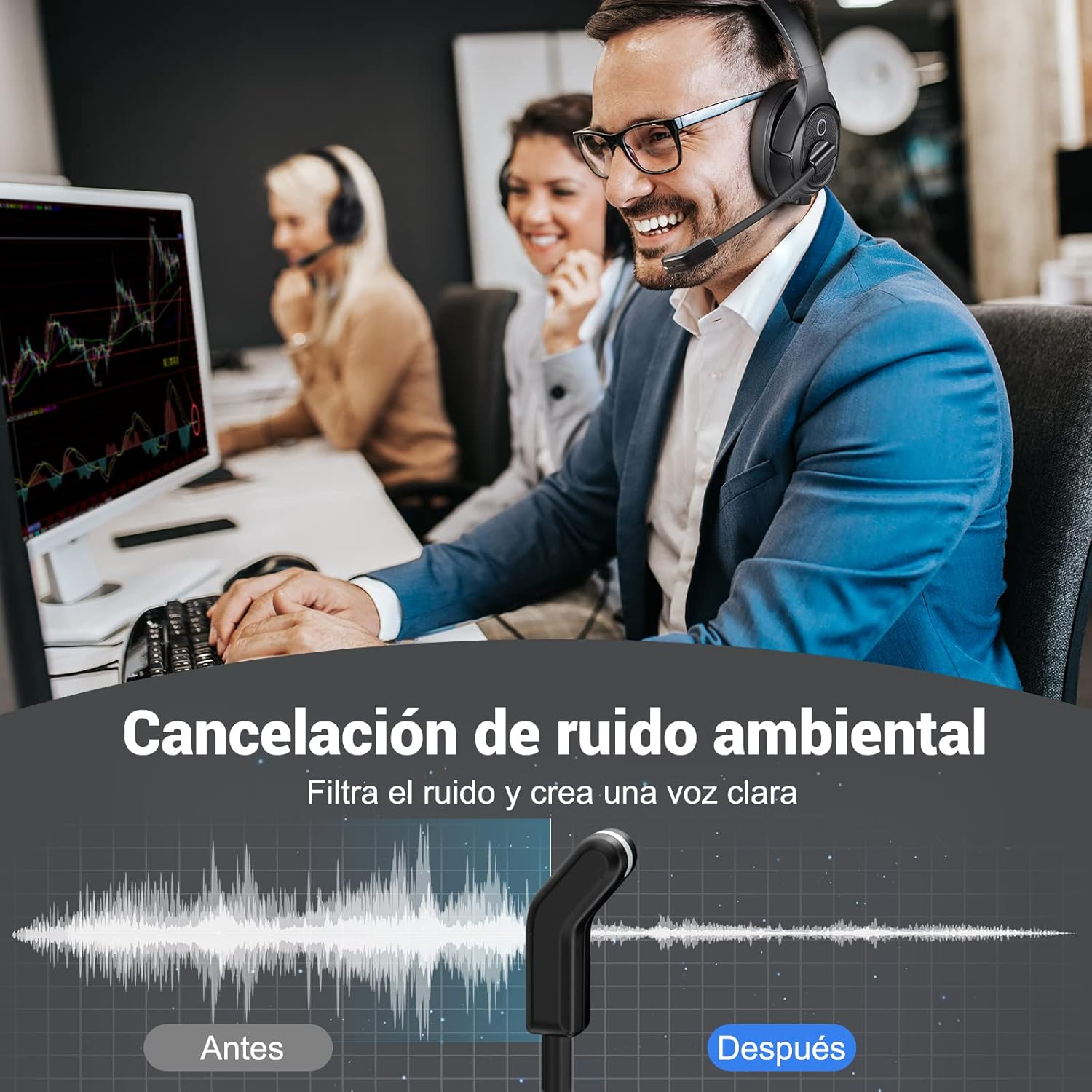 Bluetooth Headset for PC, Wireless Computer Headphone with Ai-Powered Environmental Noise Cancelling Microphone & 2.4G USB Dongle, 55H Playtime, over Ear Comfort Office Headset for Work, Laptop, Zoom image number 4