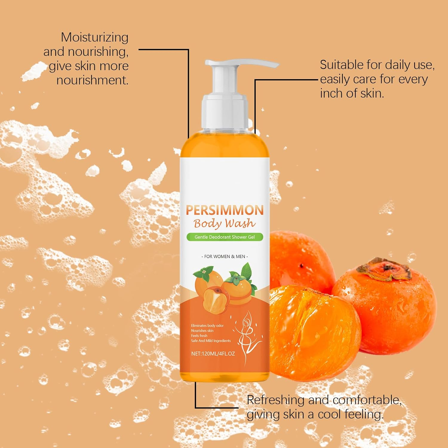 Persimmon Body Wash, Smell Eliminator Deodorant Shower Body Wash for Old People Smell, Moisturising Cleansing Body Deodorizing with Persimmon Extracts, Refreshining Skin (1Pcs) - 2Pcs image number 3