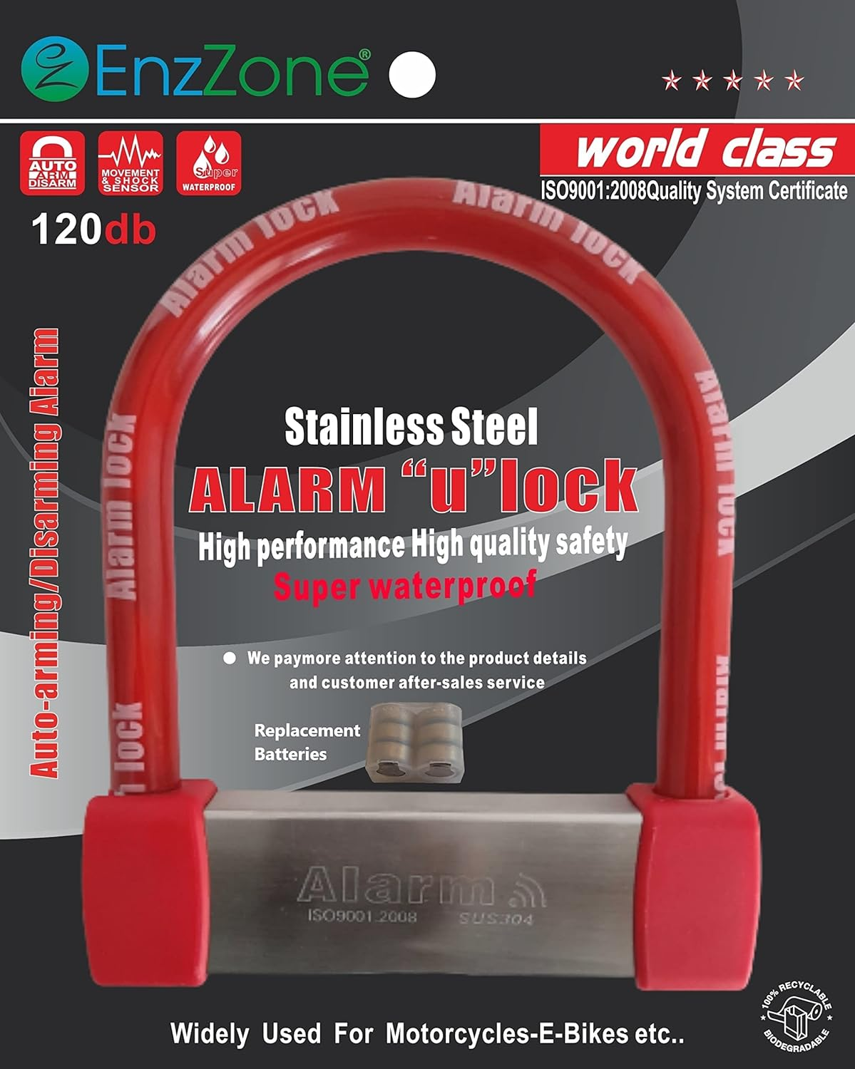 Enzzone Bike Lock Heavy Duty anti Theft Alarm Bike U Lock 120Db, 16Mm Stainless Steel, 3 Keys, Spare Batteries, with Combination Chain Lock - 3'.2" in Length - Manganese Steel - Digit Resettable image number 1