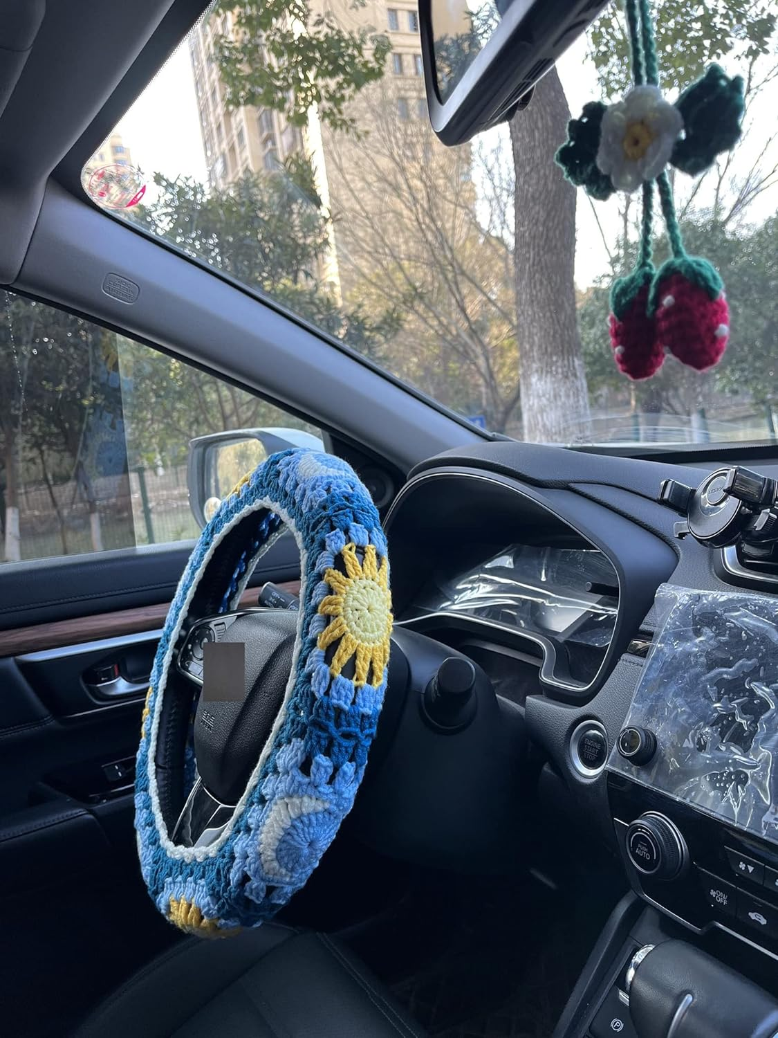 Handmade Crochet Sun and Moon Car Steering Wheel Covers Universal 14-15 Inch for Women and Men (Steering Wheel Cover)