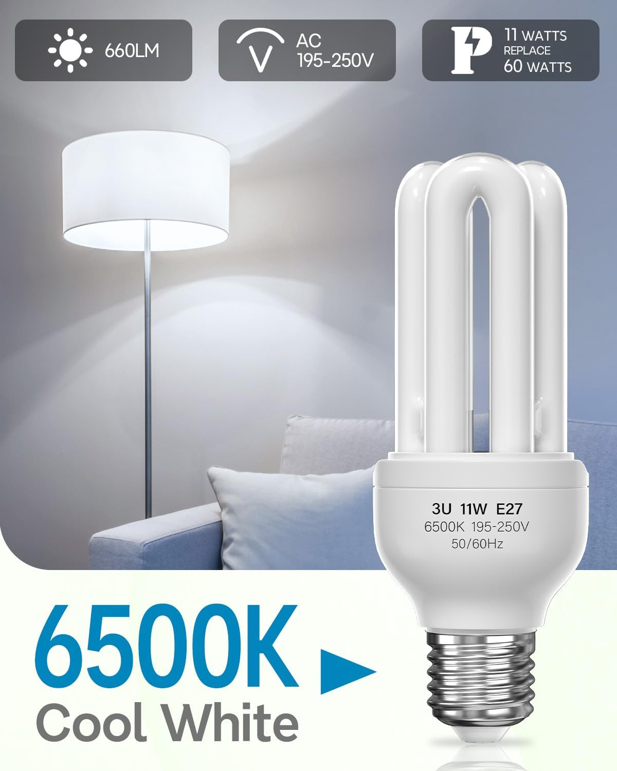 Brightark Energy Saving Light Bulbs, 11W E27 LED Bulbs Cool White 6500K, E27 ES CFL Low Energy Light Bulbs 11W=60W, 3U CFL Compact Fluorescent Stick Bulbs, Non-Dimmable, 4 Pack image number 2