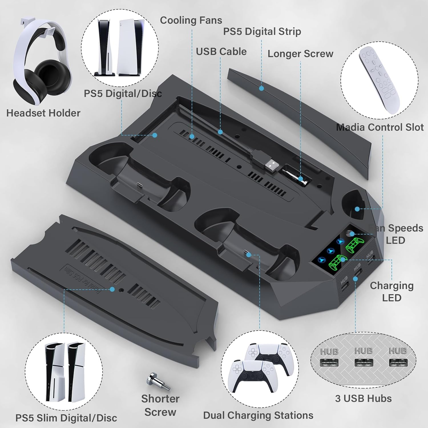 PS5 / PS5 Slim Stand and Cooling Station with Dual Controller Charging Station for Playstation 5 Console, PS5 Accessories Incl. Controller Charger, Cooling Fan, Headset Holder, 3 USB Hub, Screw-Black image number 1