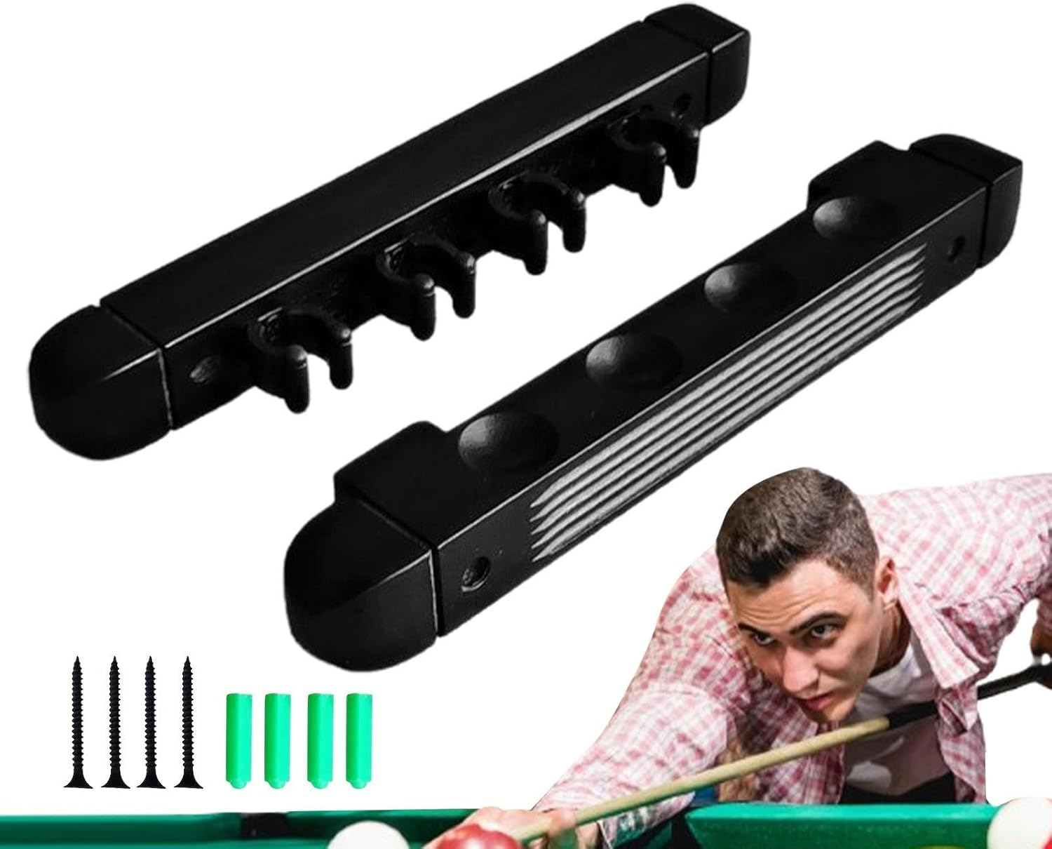 Billiards Pool Cue Rack, 4 Cue Clips Billiard Stick Wall Rack, Sturdy Wall Rack for Pool Cue Sticks, Stylish Hardwood Pool Cue Set Holder, Pool Accessories