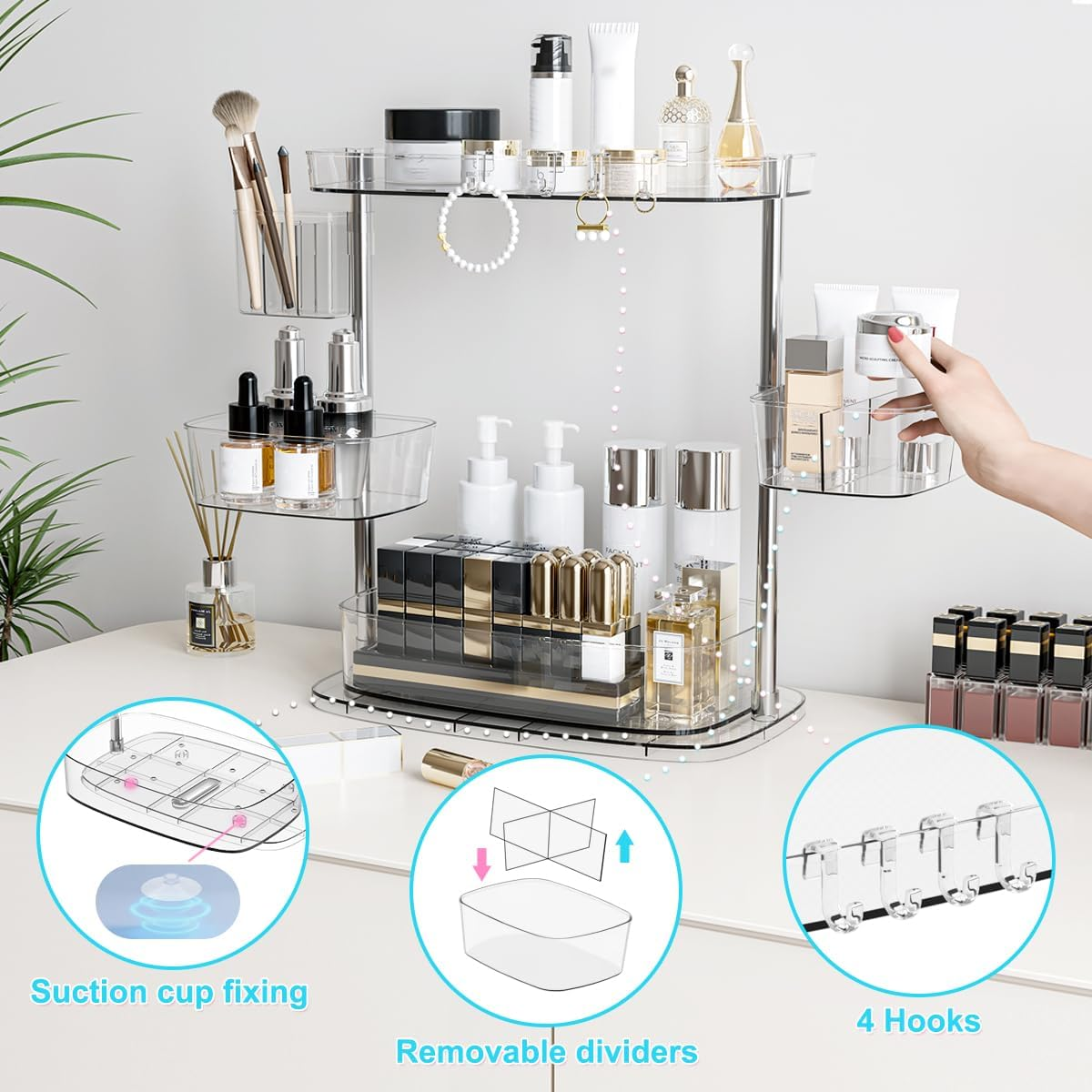 Amorvolat 360 Rotating Makeup Organizer with 3 Adjustable Makeup Carousel Spinning Holder Rack - Large Cosmetic Storage for Bathroom Countertop - Cosmetic Display Case for Lipstick, Brushes, Skincare image number 1