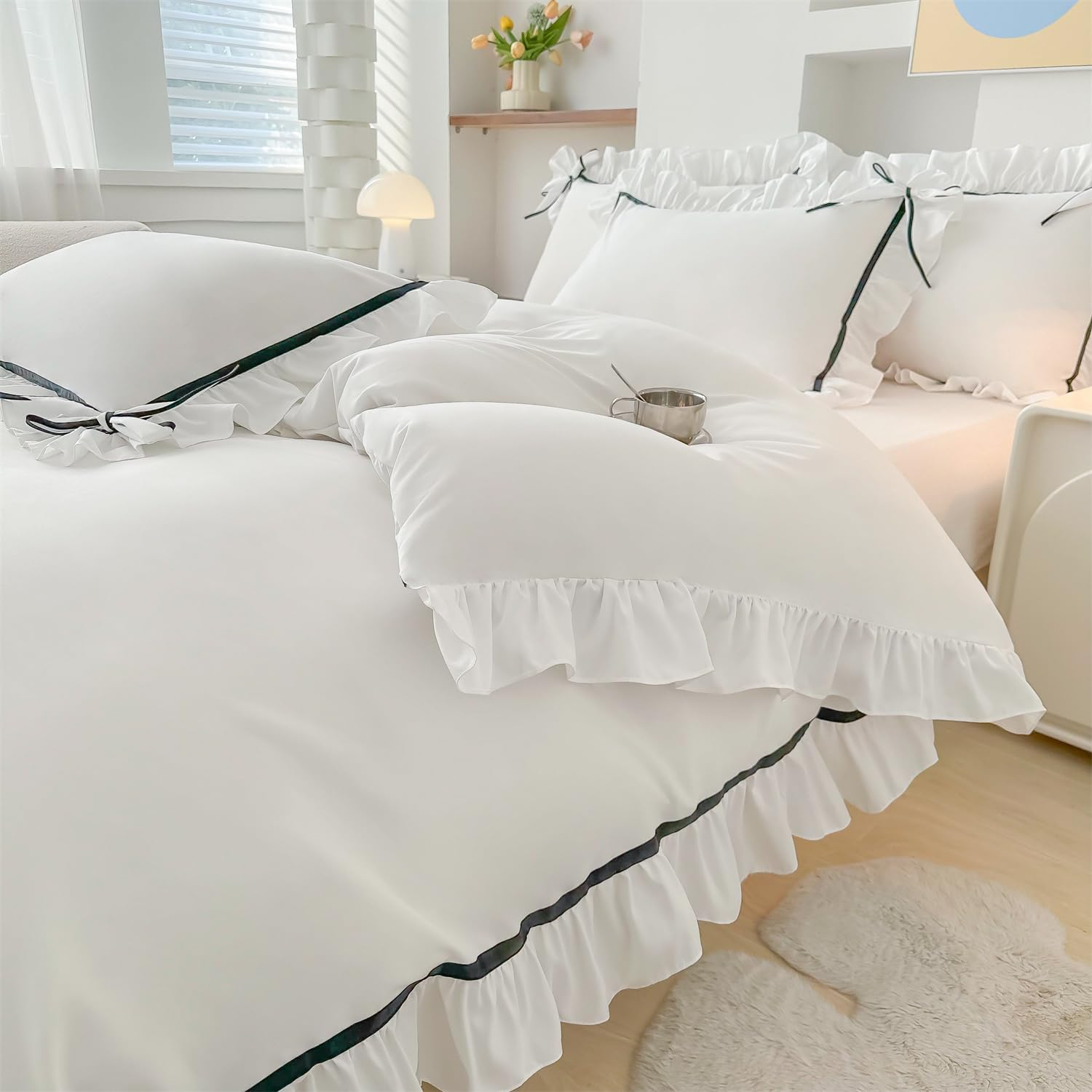 SOUKACH Ruffled Bedding Bow Duvet Cover Set with Butterfly Tie, Soft Brushed Microfiber Shabby Chic Bedding Set with Zipper Closure for Kids Girls-White,Full image number 2