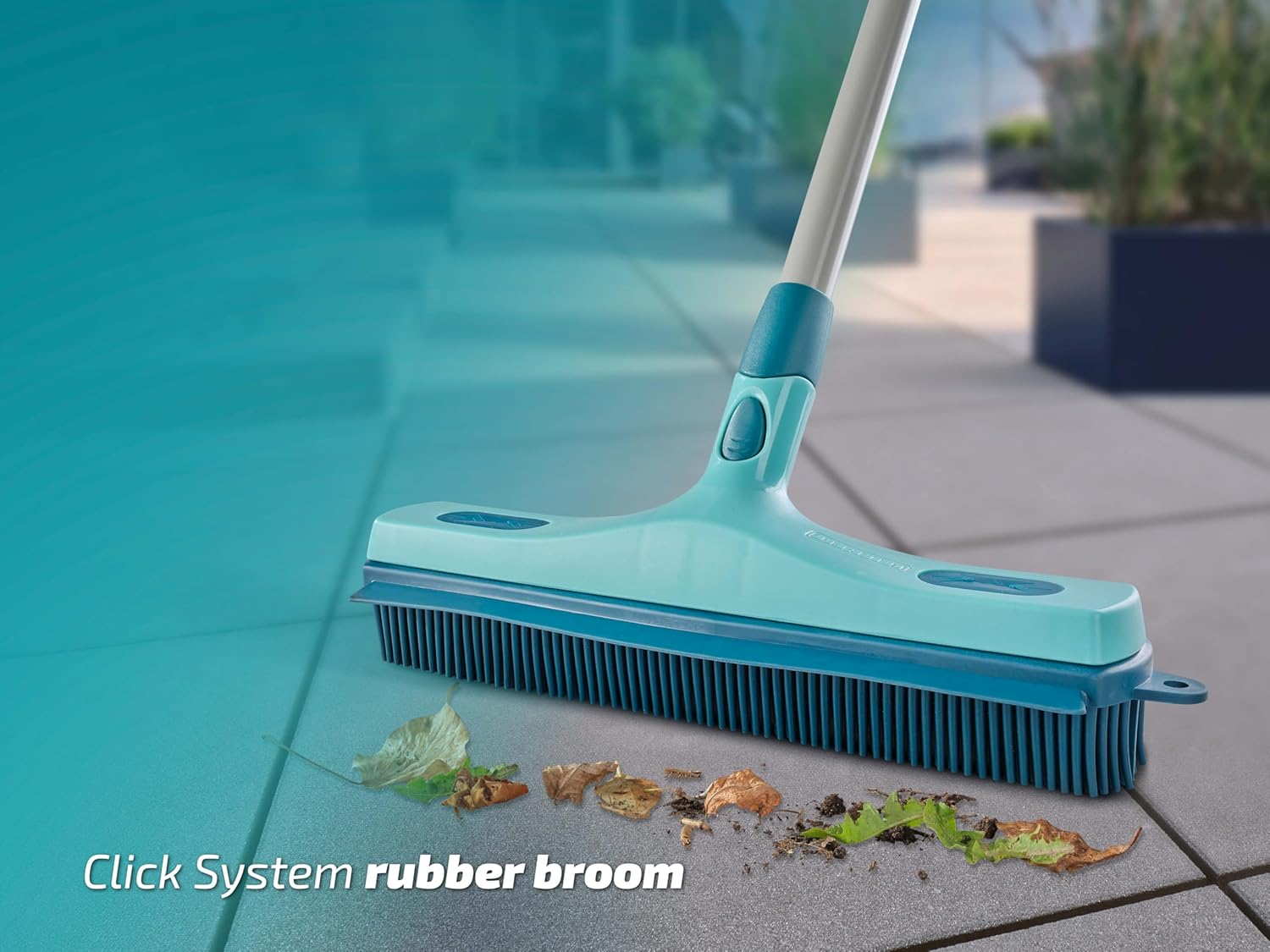 Leifheit Rubber Broom Click-System &ndash; Natural Rubber Supra Bristle Broom for Sweeping, Wiping and Water Removal, Compatible with Easy Click Telescopic Handles for Indoor and Outdoor Cleaning