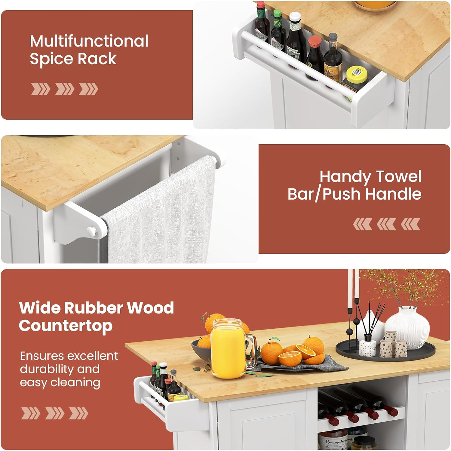 Giantex Rolling Kitchen Island Cart, Large Kitchen Island W/Drop-Leaf Countertop & 4 Rotatable Casters, Kitchen Trolley Cart with Deep Drawer, Open Wine Bottle Rack & Towel Bar (White) - White image number 3