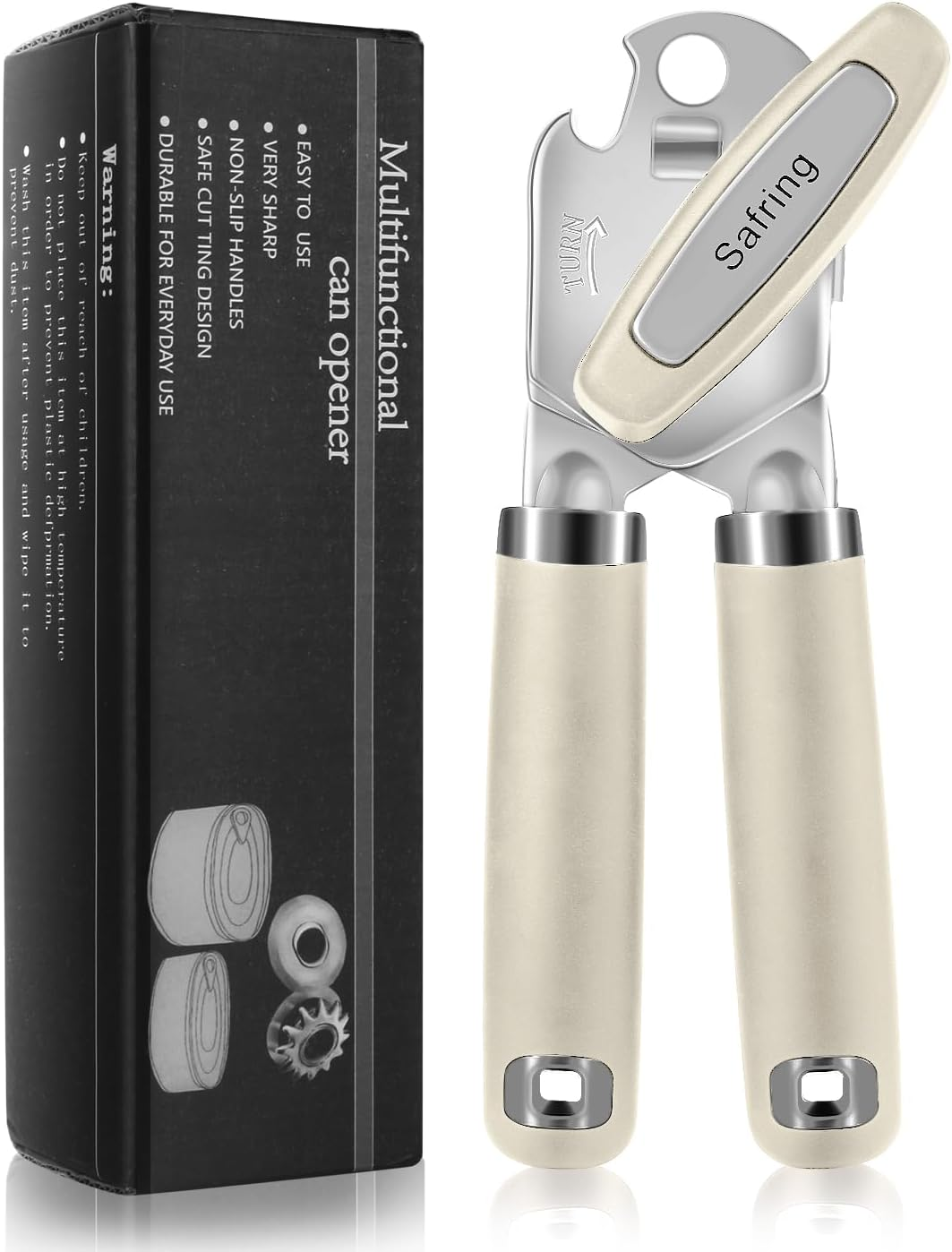 Safring Can Opener Manual, Heavy Duty Handheld Strong Can Opener with Soft Touch Handle, Sharp Blade Smooth Edge, Can Openers with Multifunctional Bottle Opener, Beige