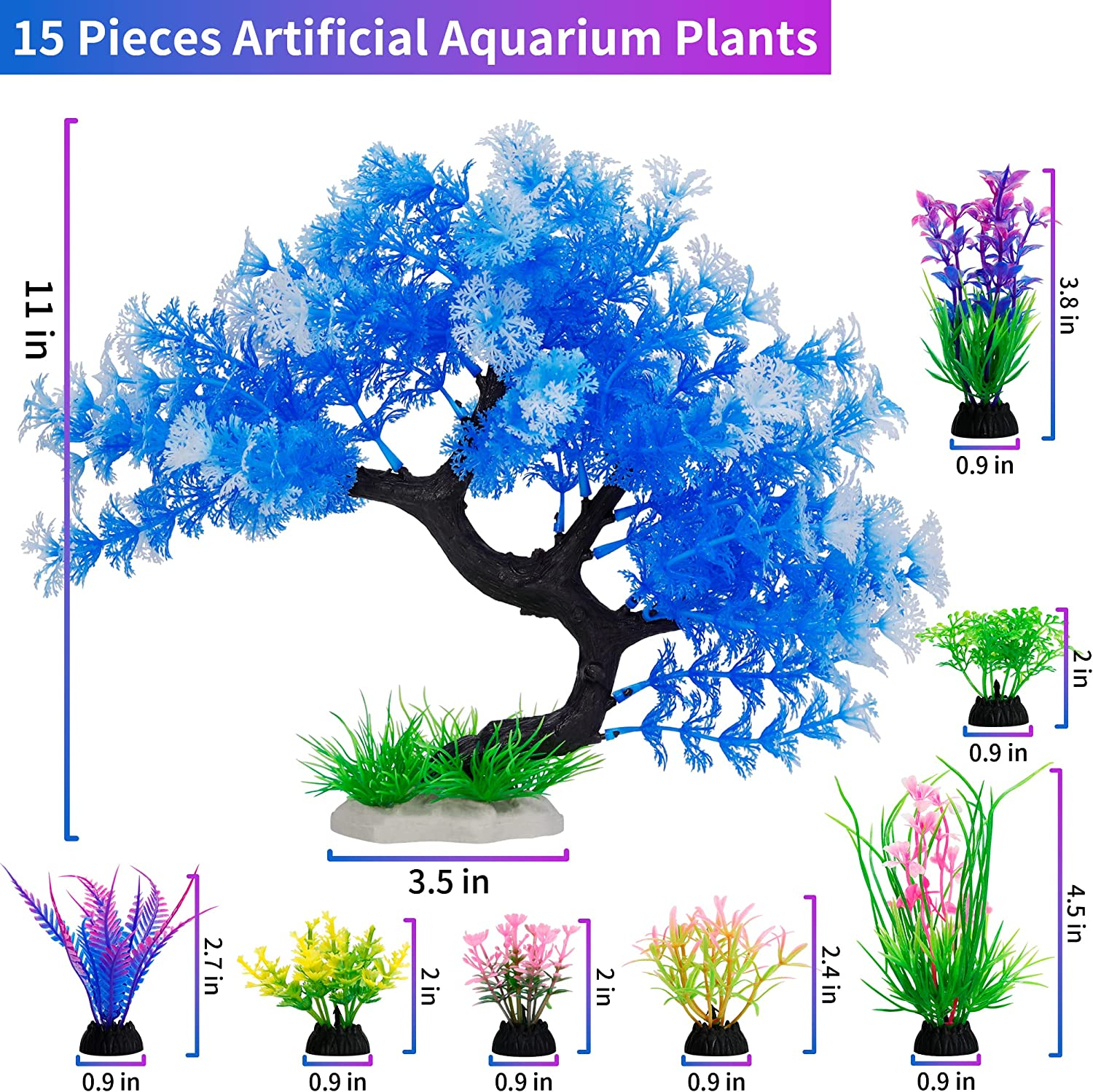 Mylifeunit Fish Tank Decorations, 15 Pack Artificial Aquarium Plants Tree Set for Fish Tank Decor (Bule Set) - Bule image number 5