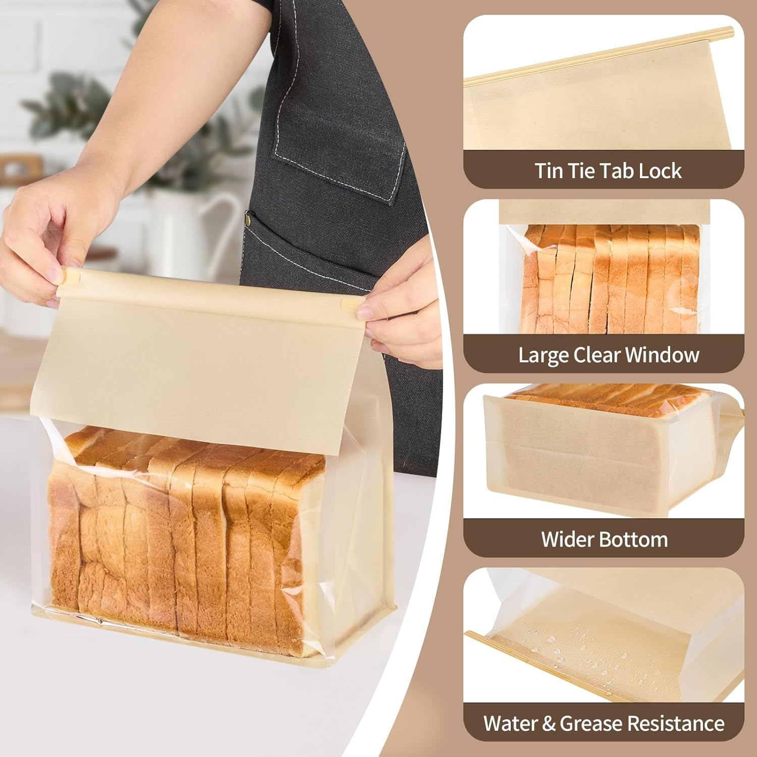 Ocmoiy 50Pcs Bread Bags for Homemade Bread, Resealable Sourdough Bread Bags, Clear Front Tin Tie Tab Lock Bread Storage Bags with Window Paper Treat Bags (8.7X4.3X11 Inch) image number 6