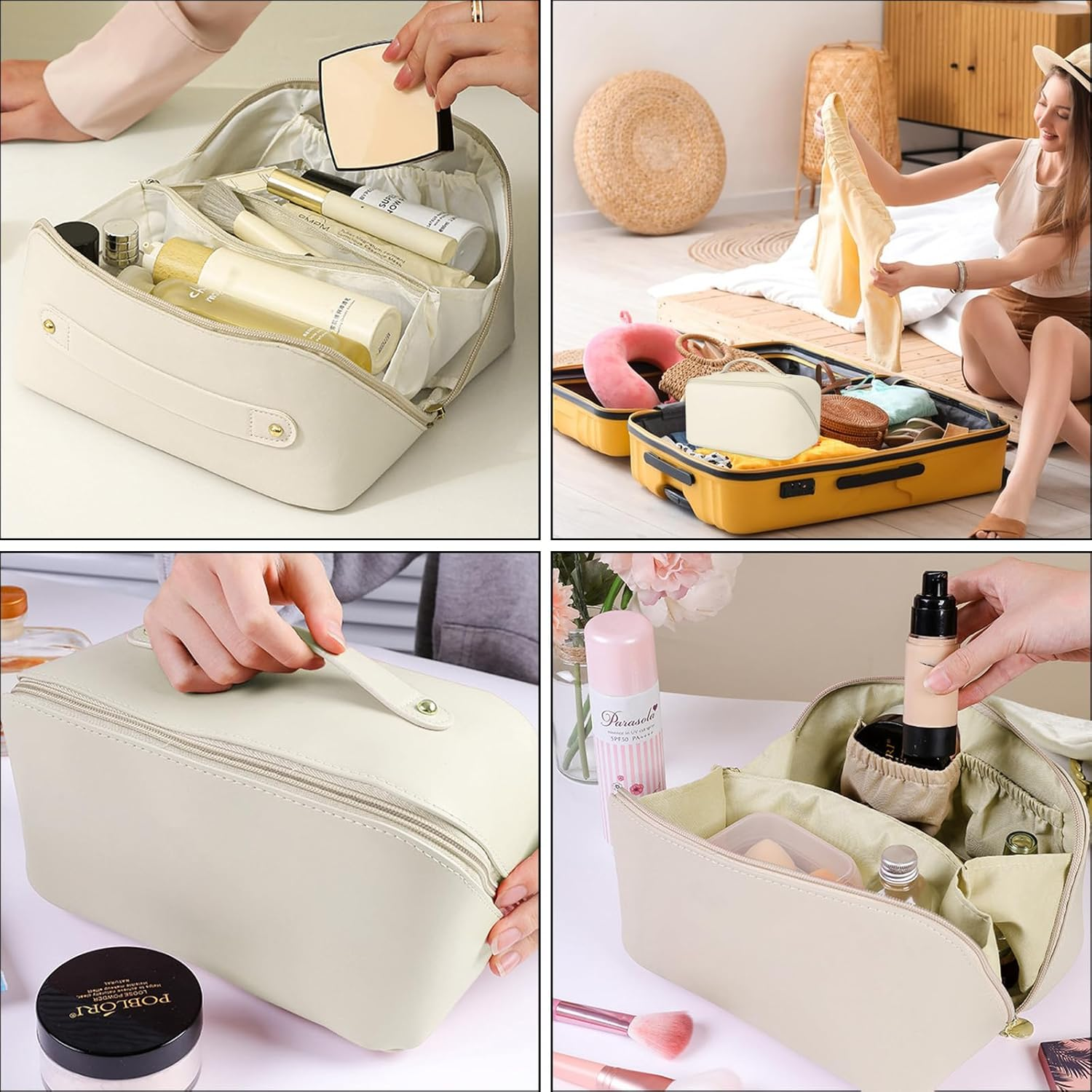 Cosmetic Bag, Extra Large Waterproof Makeup Organizer, High-Quality PU Travel Toiletry Bag for Women, Spacious Multi-Compartment Storage Pouch for Cosmetics, Skincare, Brushes, and Essentials (White) image number 5