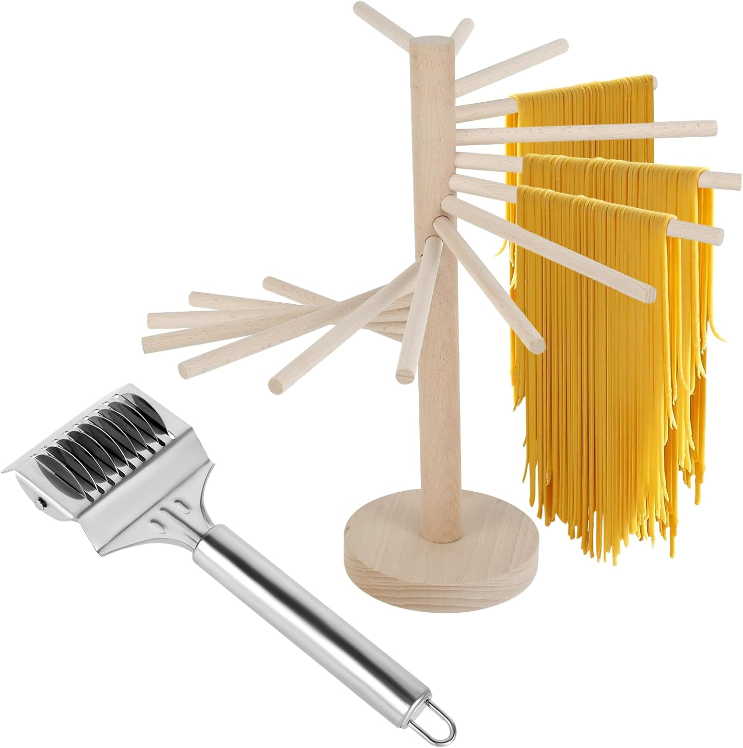 Collapsible Pasta Drying Rack, Wooden Spaghetti Stand Dryer with 16 Suspension Rods Homemade Fresh Noodle Tree Stand Hanger, Easy Storage & Quick Set-Up Hanging Rack for Home Kitchen (A)