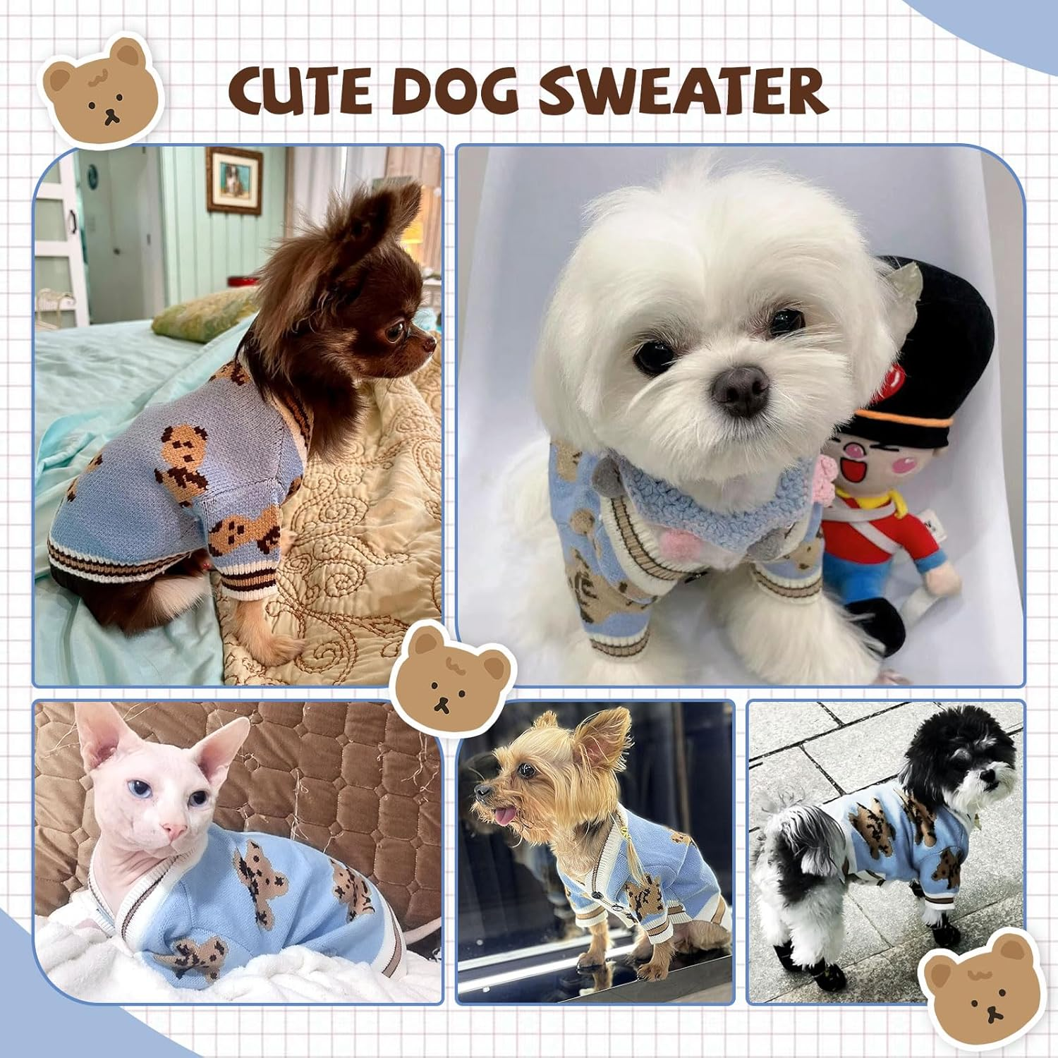 Small Dog Sweaters Cute Bear Knitted Dog Cardigans Clothes for Small Medium Dogs Soft Pet Puppy Cat Knitting Outfits Fall Winter Warm Boy Girl Dogs Knitwear Coat Apparel（Blue,X-Small）