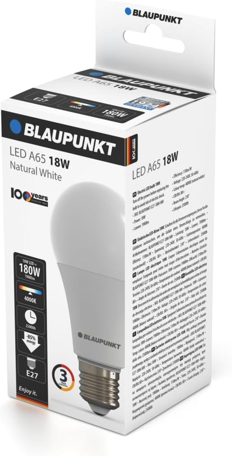 Blaupunkt LED Bulb A65 LED Lamp, E27 Base Screw, 18W, Replaces 180W Incandescent, Natural White 4000K, Neutral Daylight, Non-Dimmable, 1980 Lumen, Light, Room Lighting, 1 Piece (Pack of 1) image number 1