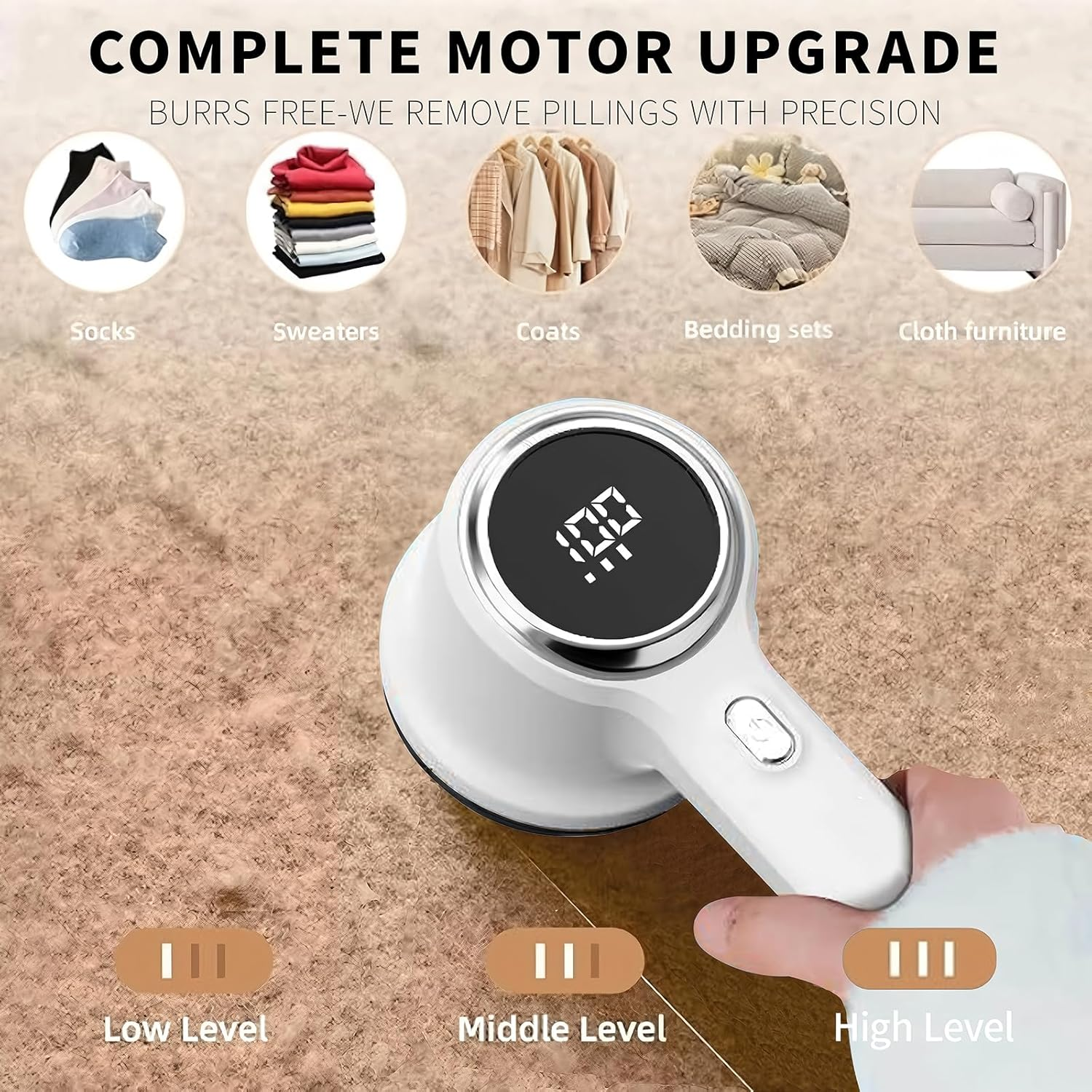 Fabric Shaver, Rechargeable Lint Remover, Portable Electric Sweater Defuzzer with 3 Speeds, 6 Leaf Blades, Digital LED Display to Remove Pilling for Clothes, Furniture, Sofa, Sweater, Blanket White - Purple image number 6