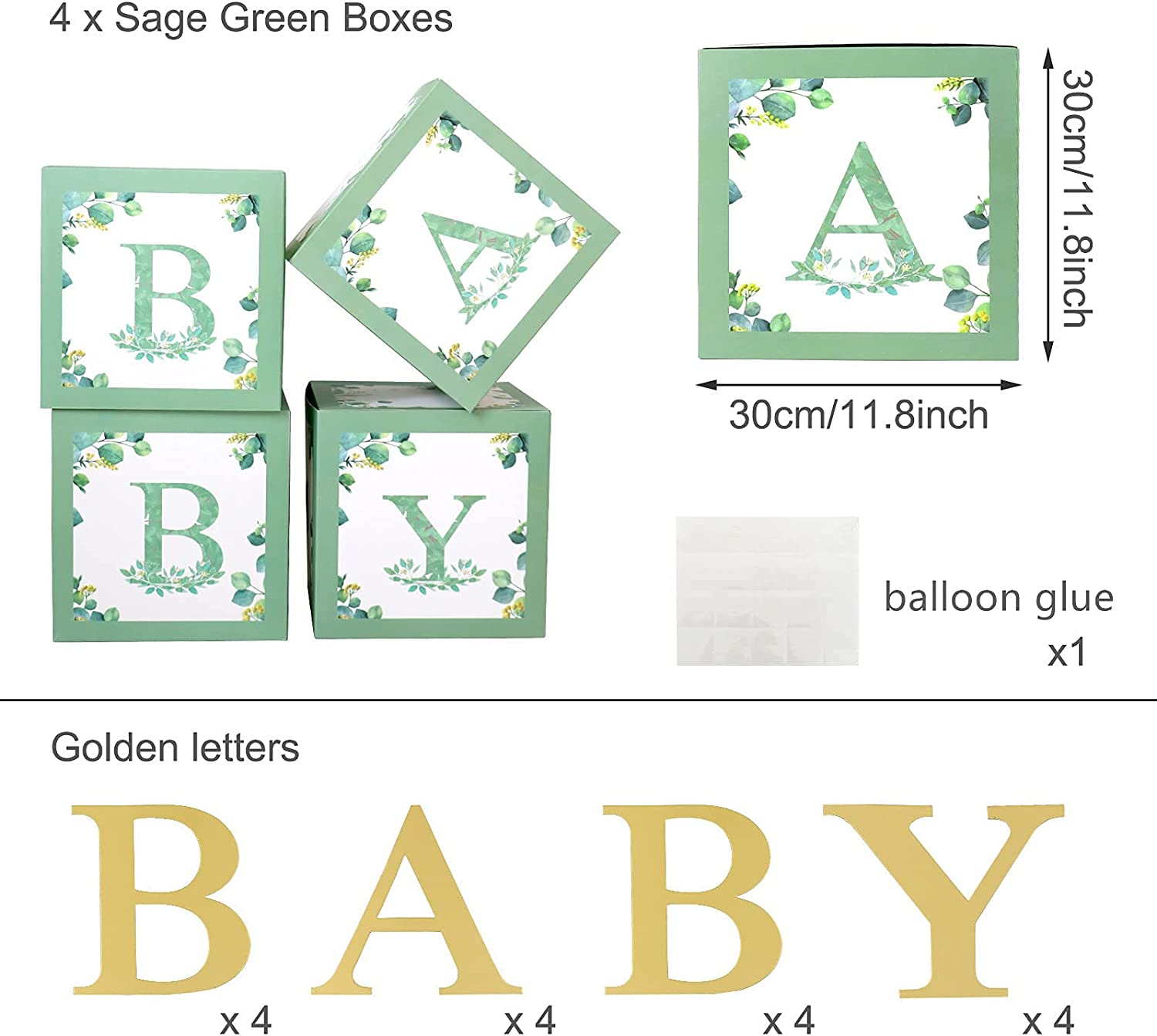 Sage Green Baby Shower Boxes for Birthday Party Decorations - 4 Large BABY Blocks with 4 Set of Gold BABY Letters,Boy Girl Baby Party Boxes for Baby Shower Backdrop,Gender Reveal Party Supplies - White image number 3
