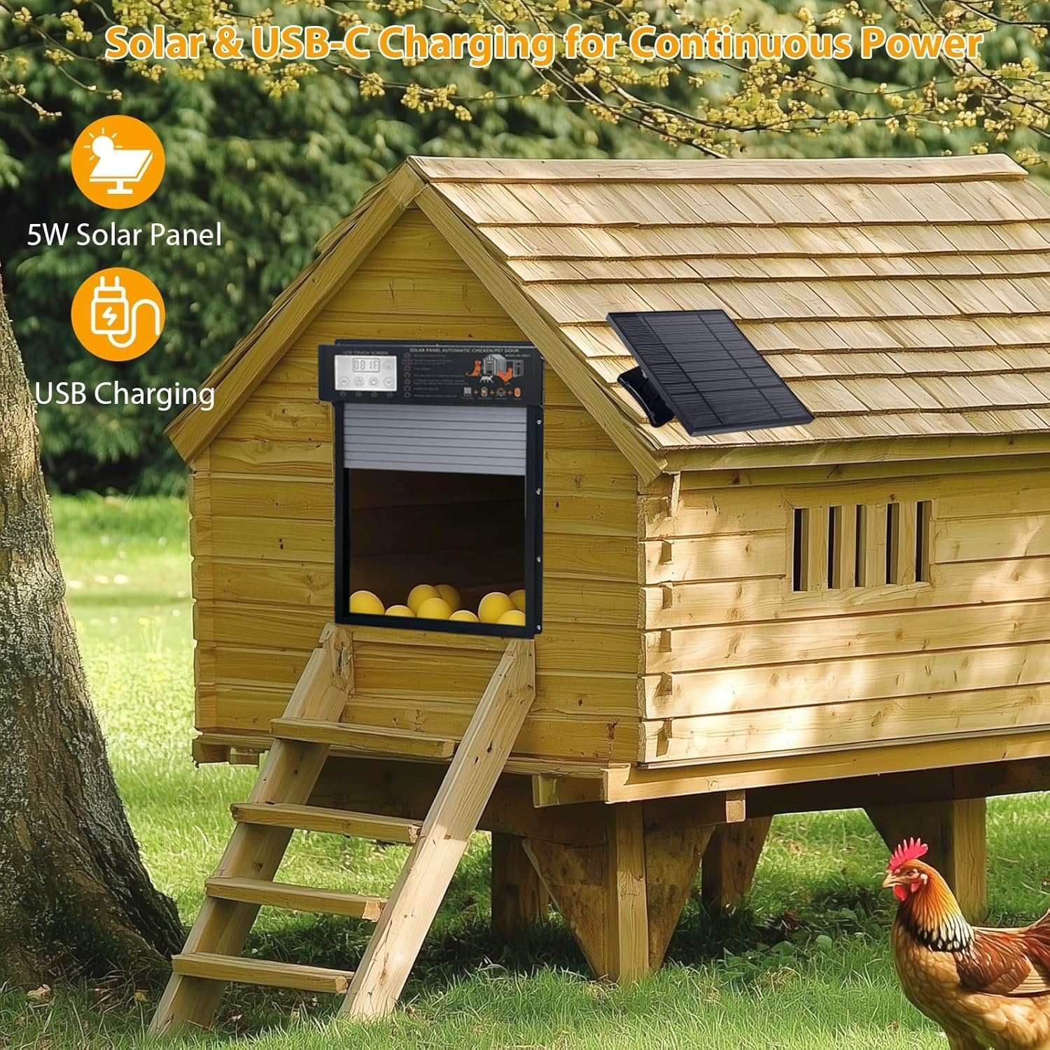 Vuebee Solar Automatic Chicken Coop Door with Timer, Light & Motion Sensor, LCD Touchscreen, Remote Control &ndash; Weatherproof Chook Door for Ducks, Rabbits, Poultry (13.4" X 10" Opening) image number 2