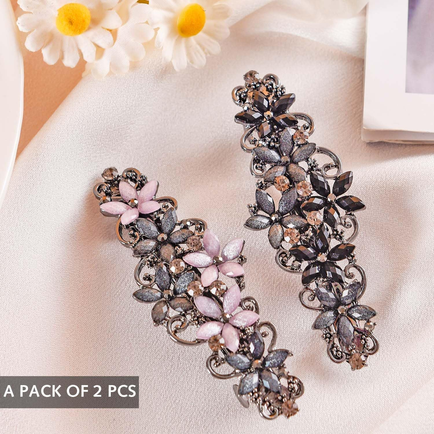 2 Pieces Elegant Hair Clips for Women and Girls - Crystal Flower Glitter Clip and Exquisite Vintage French Hair Accessories (Blue Pink/Black Grey) image number 5