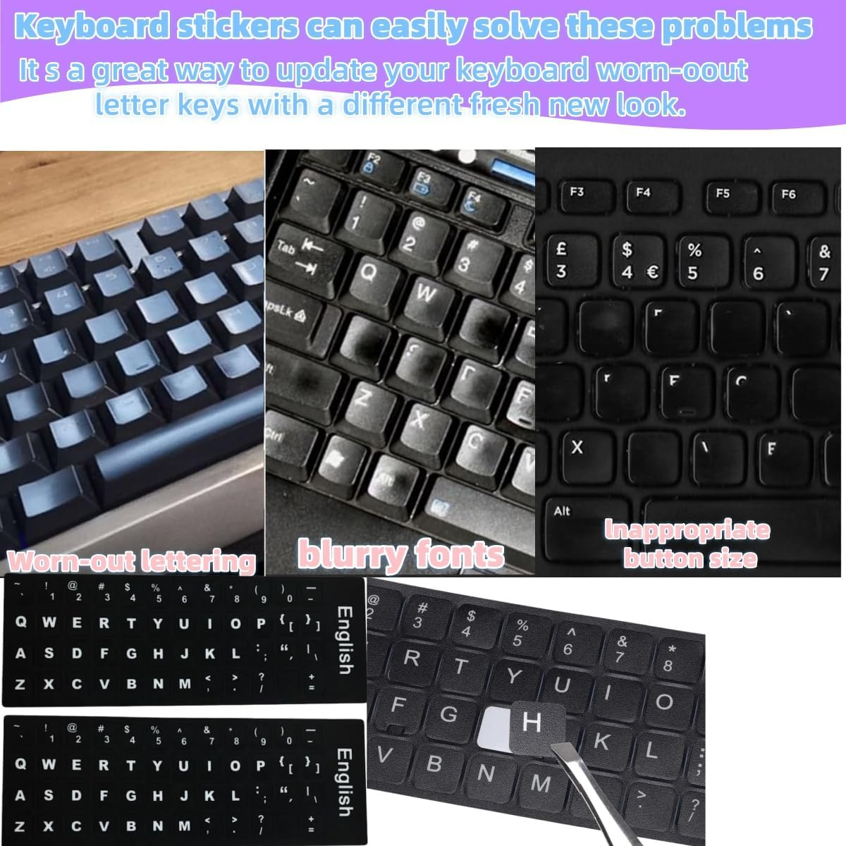 3 Pcs English Keyboard Stickers,Big Letter Full Set, Black Background with White Lettering, Laptop Desktop Computer Keyboards Accessoriesalphabet Stickers image number 4