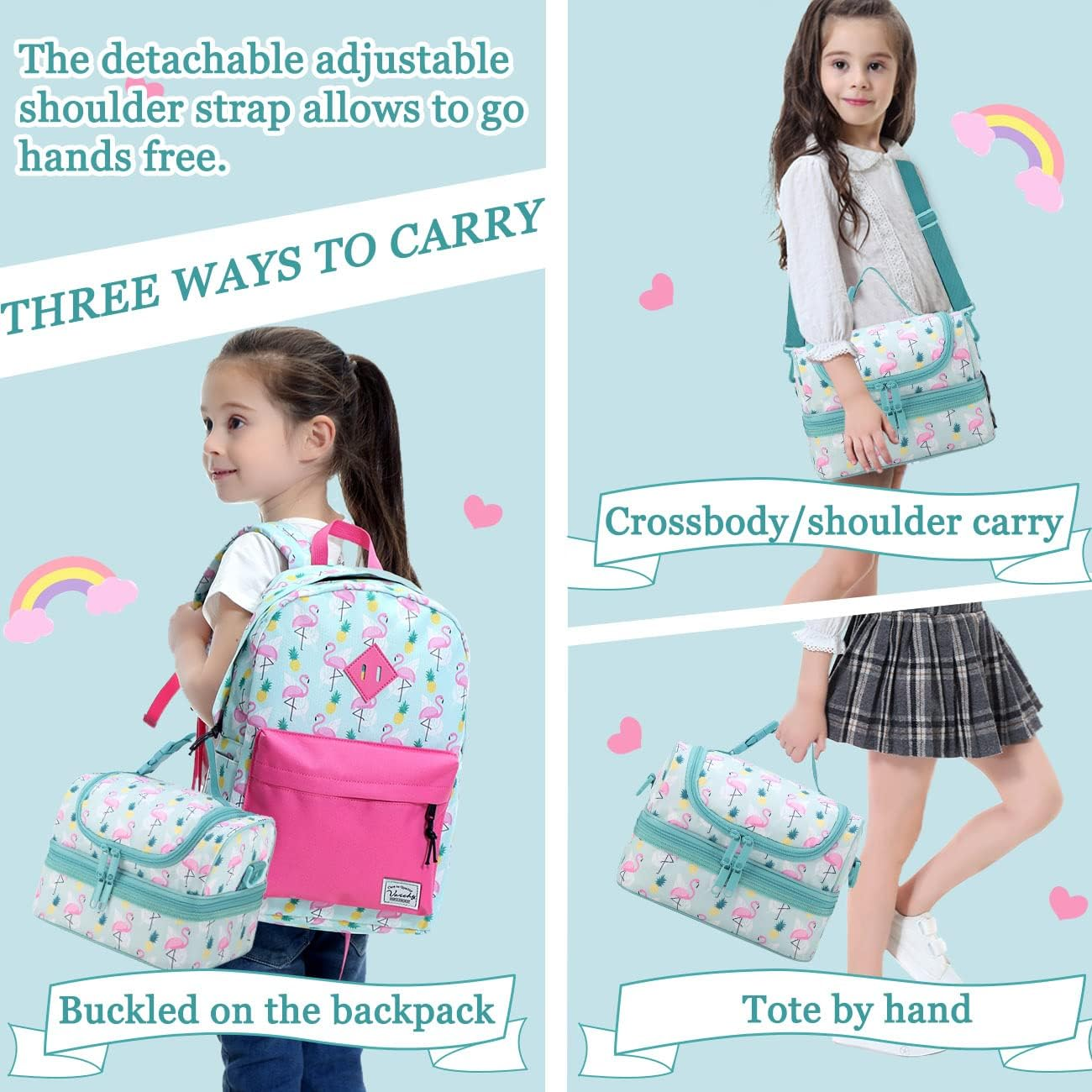 Lunch Box Bag Kids,Vaschy Insulated Two Compartments Cooler Bags Girls/Women W Shoulder Strap for School,Daycare,Kindergarten,Picnic Flamingo