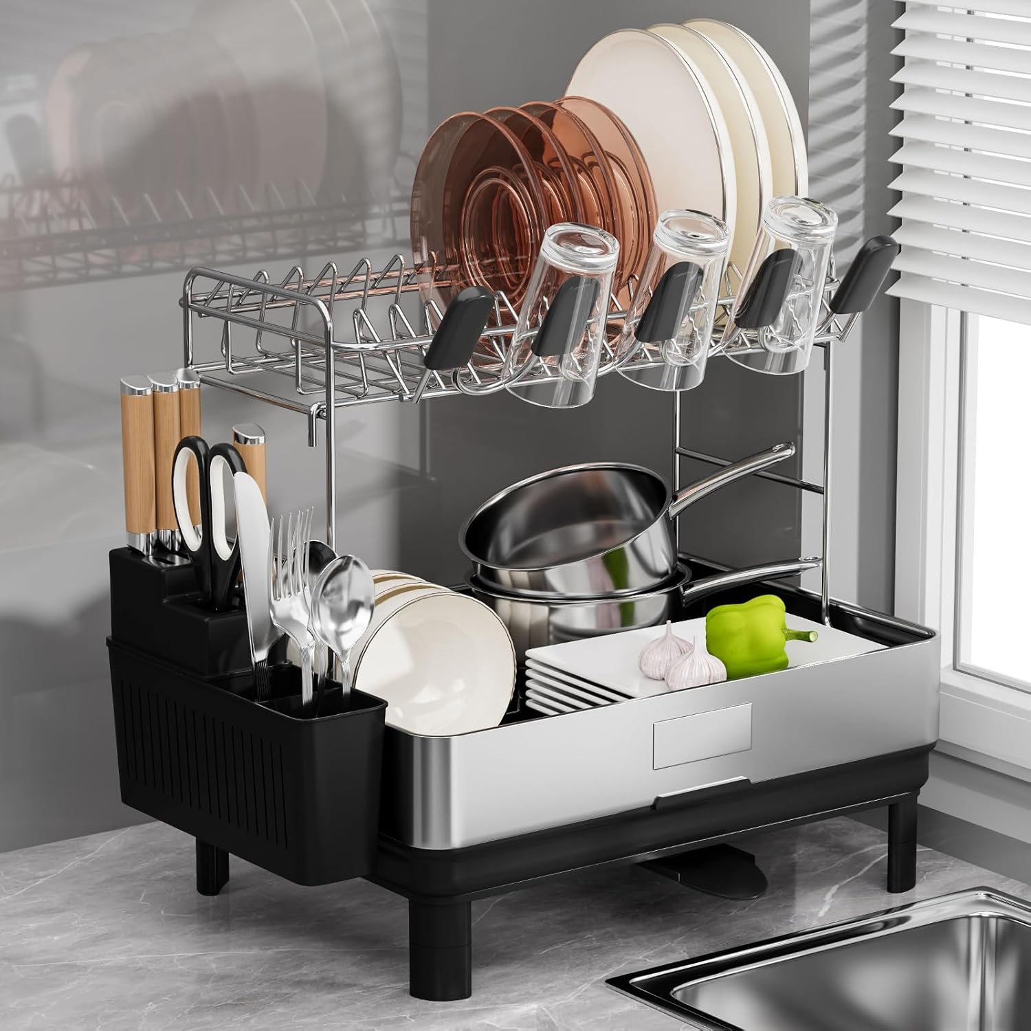 Sandream 2 Tier Dish Drying Rack, 304 Stainless Steel Dish Rack for Kitchen Counter, Large Dish Drainer with 360&deg;Rotatable Drain Spout & Utensil Holder & Cups Holder, Dish Rack with Draining Tray image number 5