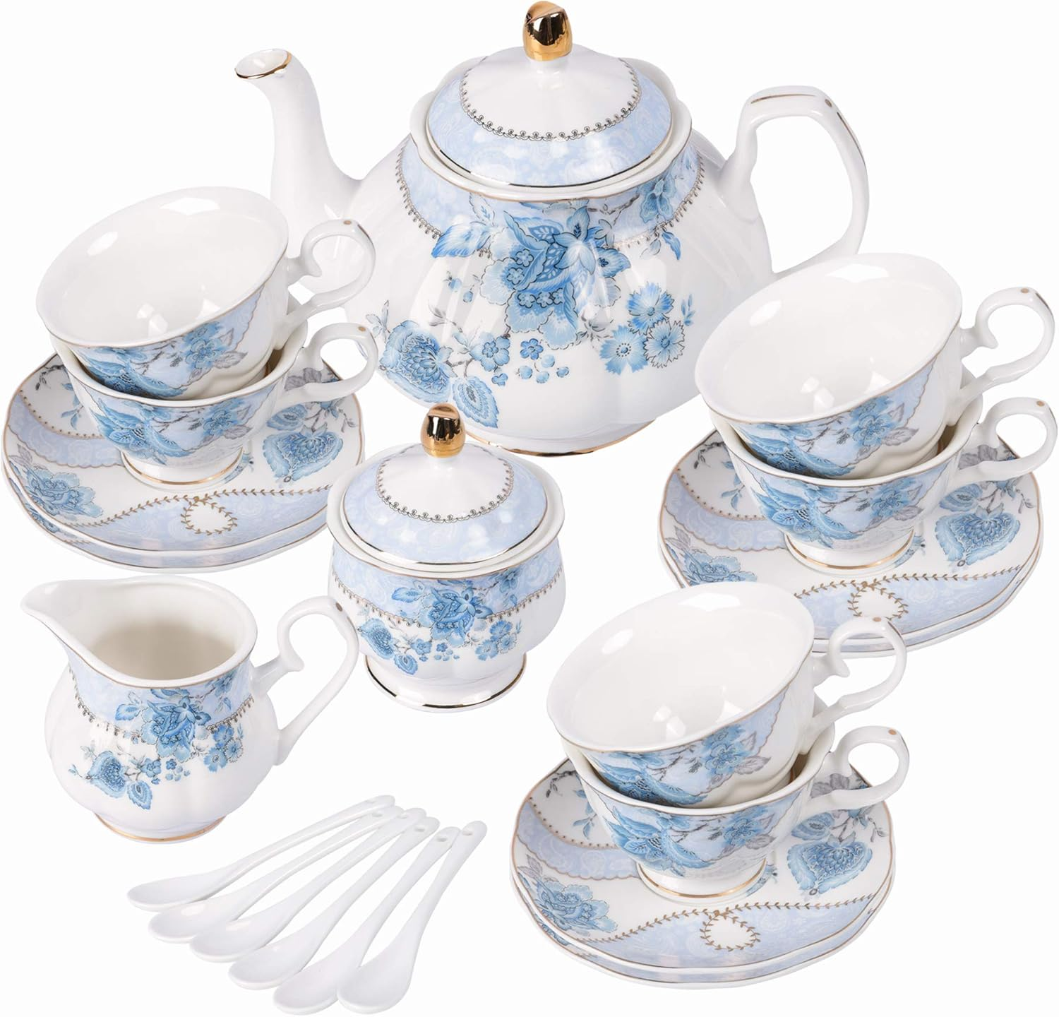 Fanquare Blue Flowers Porcelain Tea Set,Tea Cup and Saucer Set,Service for 6,Wedding Teapot Sugar Bowl Cream Pitcher,China Coffee Set