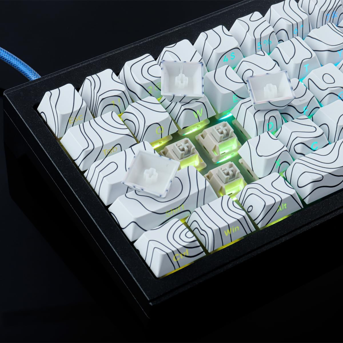 Tsungup Custom Keycaps,Pbt Side Printed Keycap Set - Shine Through,135 Keys Contour Line Cool Key Caps,Cherry Profile Keyboard Keycaps for Cherry MX Switches Mechanical Keyboards(White)
