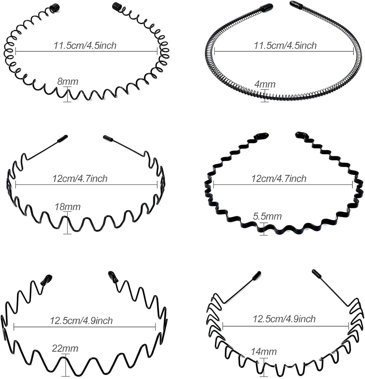 Hanyousheng 6 Pieces Metal Headband Black, Multi-Style Metal Hair Hoop, Unisex Hair Band, Hair Hoop Spring Wave Hairband, Sport Fashion Hair Band Accessories for Women and Men - Black image number 2