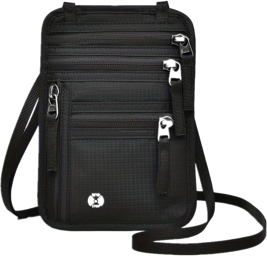 Neck Wallet with RFID Travel Wallet Protection Soft Compartment Passport Organizer, Lightweight, with Adjustable Shoulder Strap for Smartphone, Passport and Cash Cards (Grey)