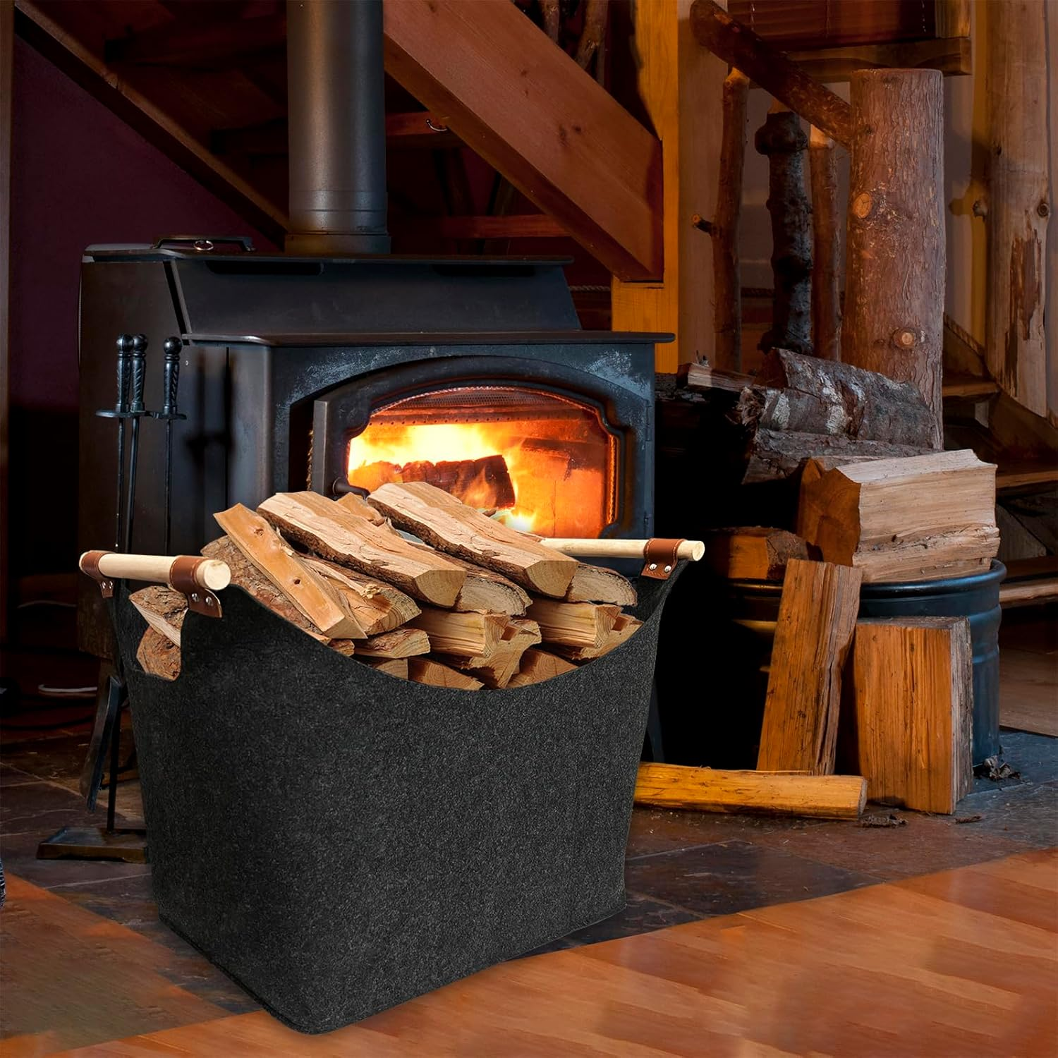 Log Basket, XL Felt Firewood Baskets Extra Thick and Foldable Log Basket for Wood Burner Indoor with Extended Handles for Fireplace Accessories, Shopping, Books, Toy, Clothes image number 3