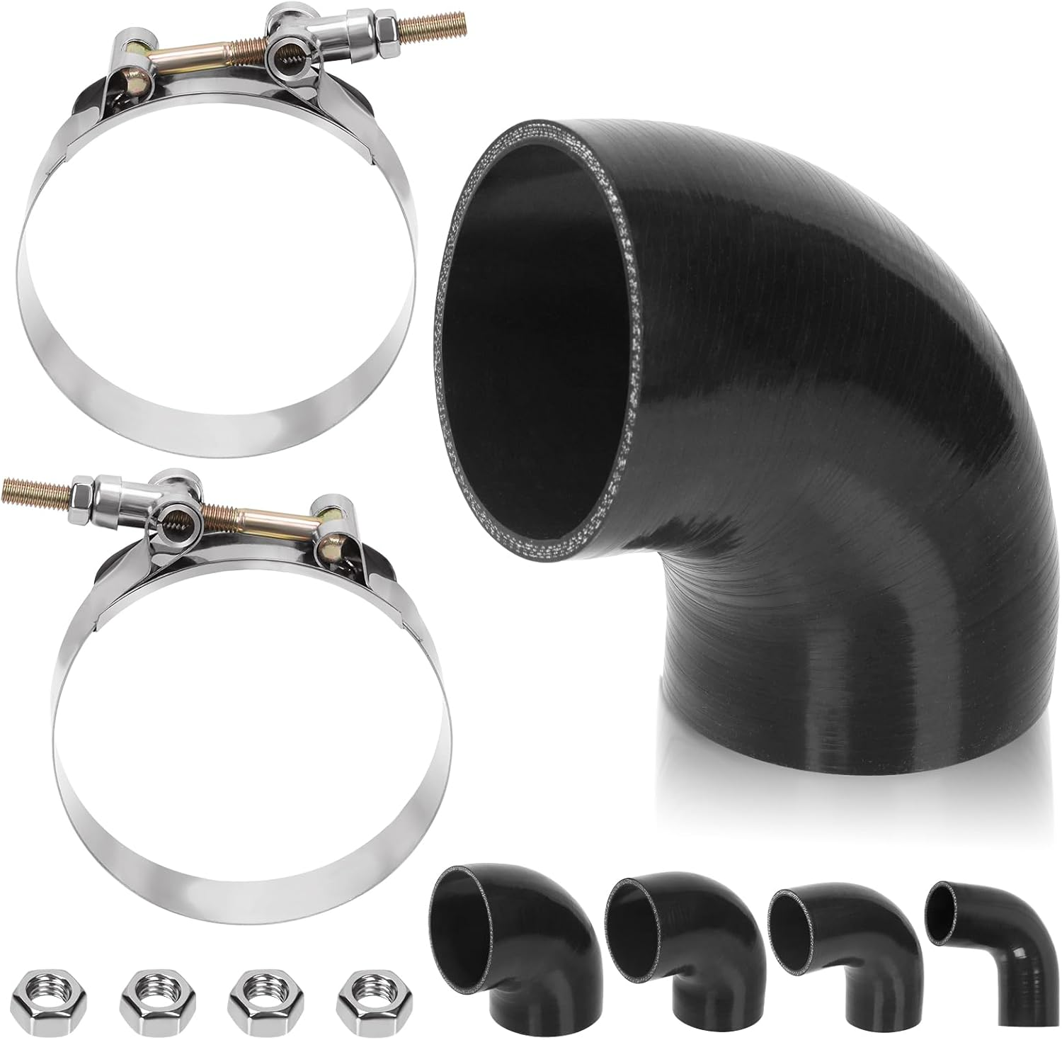 Swpeet 7Pcs 3 Inch - 76Mm 90 Degree Elbow 4-Ply Reinforced Silicone Hose with 86-94Mm T Bolt Hose Clamp and 6Mm Hex Nut Kit, Automotive Pure Silicone Hose for Turbo Intake Intercooler image number 4