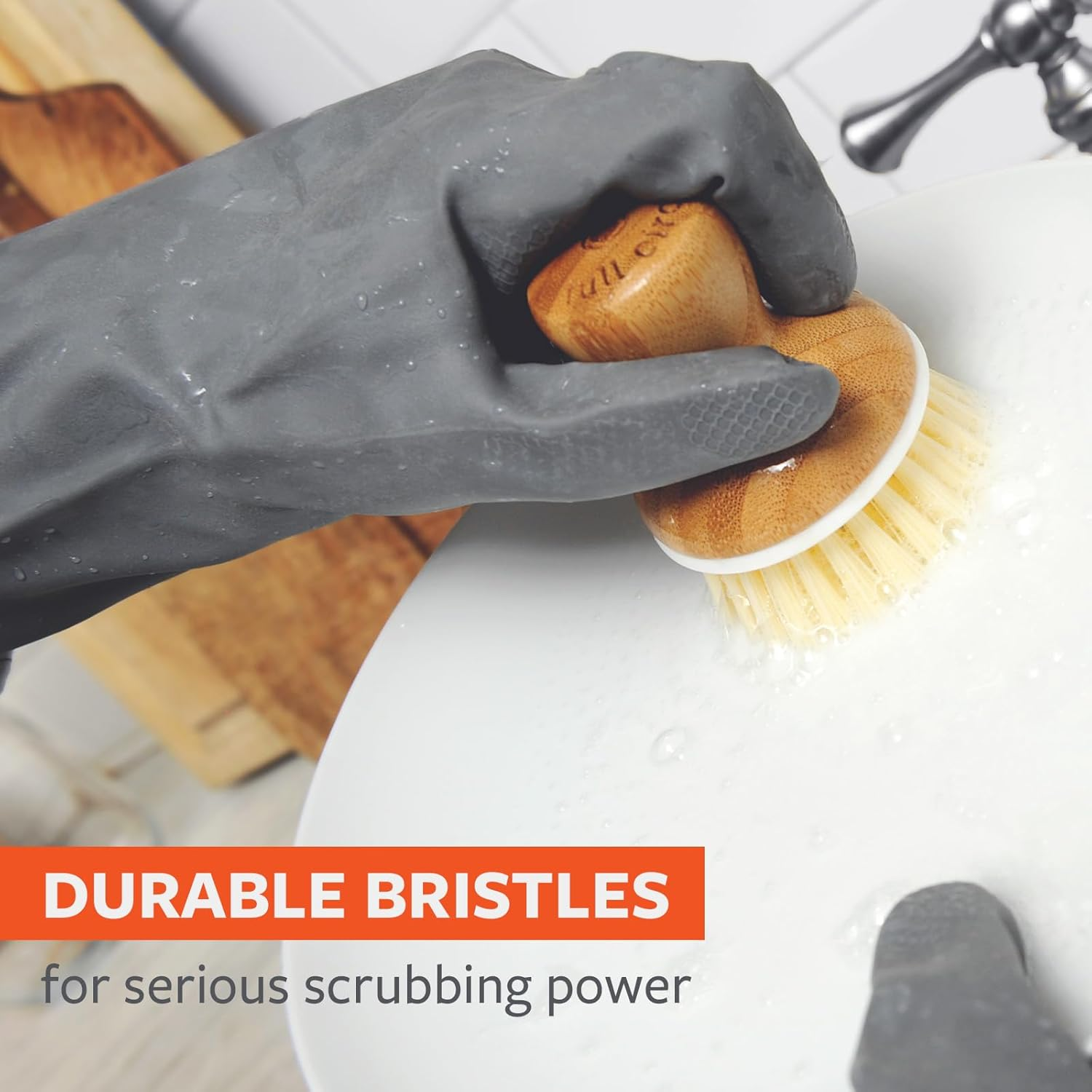 Full Circle Bubble up Bamboo Dish Brush &ndash; Ergonomic Palm Scrubber with Handle for Kitchen Cleaning, Hand Washable Brush, White, Pack of 1 image number 2