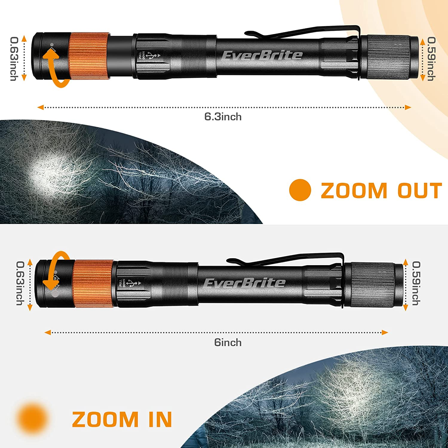 Everbrite Rechargeable Pen Light, 300 Lumens EDC Flashlight, Zoomable LED Pocket Flashlight with Clip, Memory Function and USB C Cable Included, for Camping, Emergency, Black image number 1