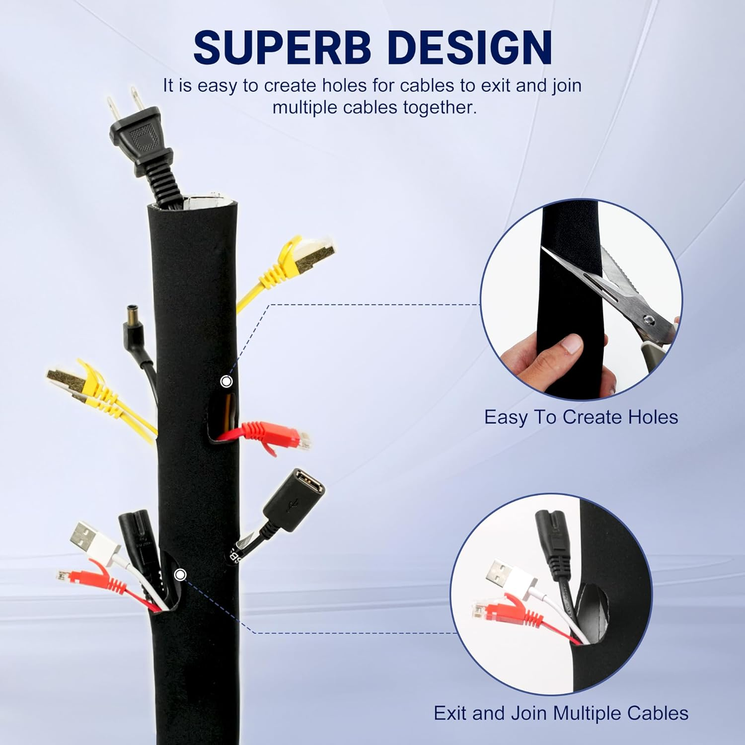 Cable Management Sleeves (12 Pack Straps Included) Neoprene Cord Organizer for TV USB PC Computer Network Wires (120 Inches) DIY by Yourself, Adjustable Black and White Reversible Wire Hider image number 2