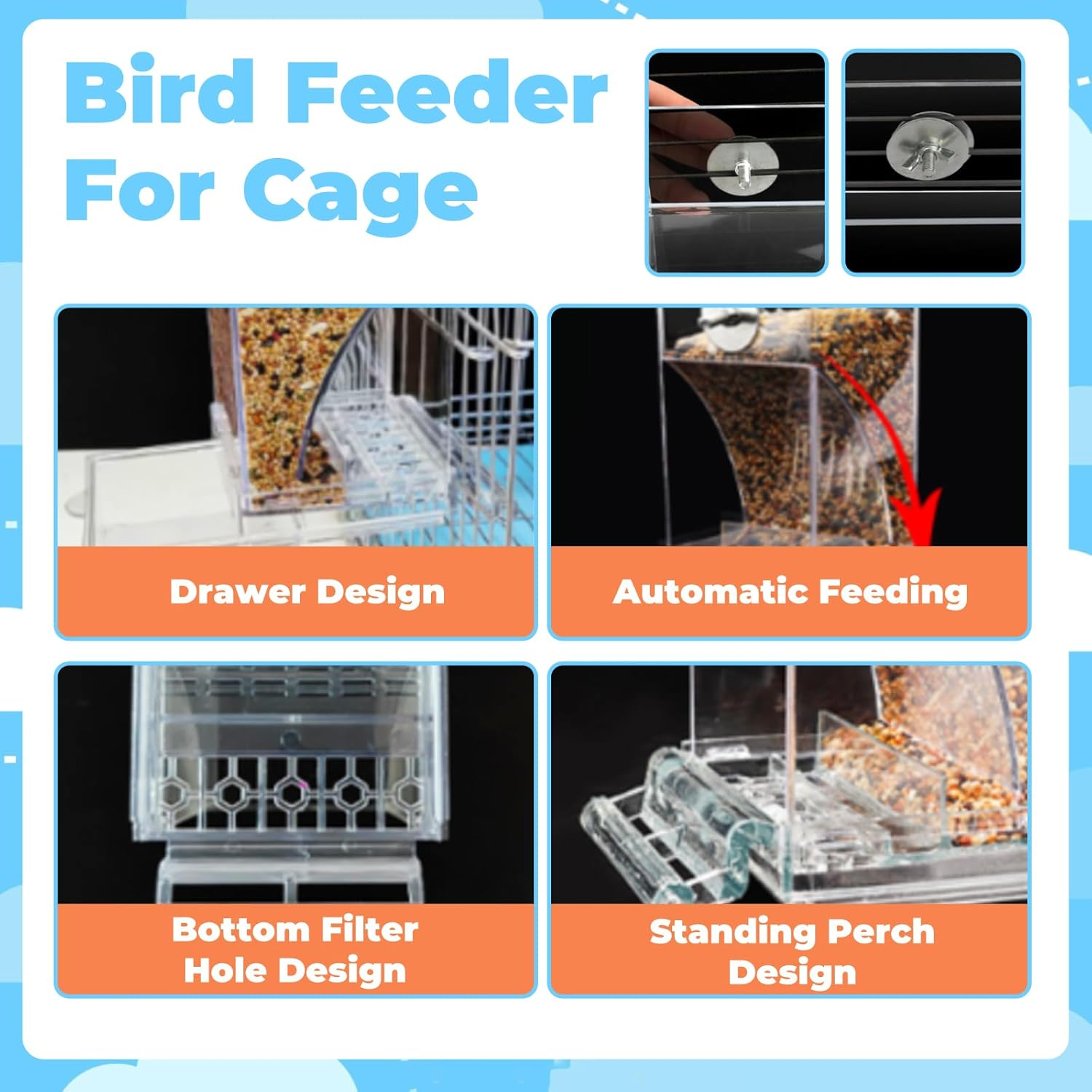 SUSOO Bird Feeder and Water Dispenser Set, Leak-Proof Acrylic Automatic Seed Feeding Container, Hydration Drinker for Parrot, Parakeets,Budgies, Cockatiels,Canaries,And Lovebirds Cage Accessories image number 2