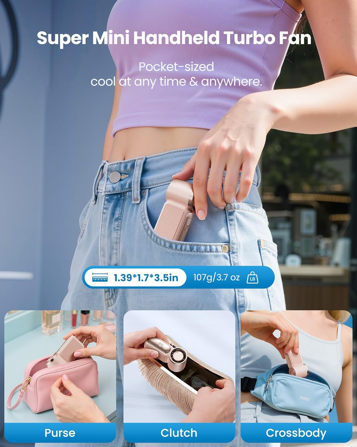 Gaiatop Portable Handheld Mini Fan, 3.5 Inch 16900 RPM High Speed Personal Fan, 6 Gears Strong Wind, LED Display, USB Rechargeable Battery Operated, Women, Makeup, Travel Outdoor, Pink image number 3