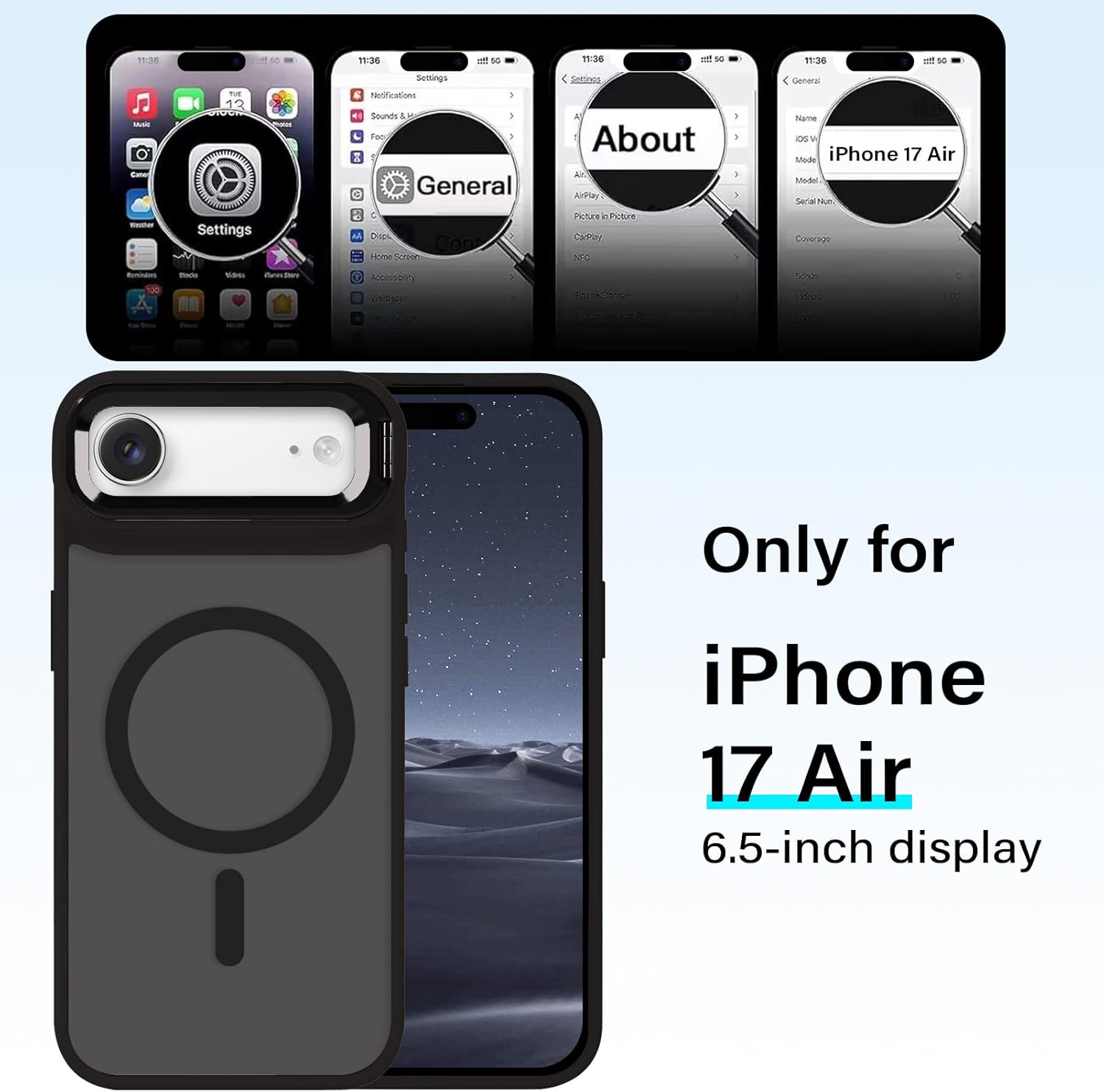 Tcaraersing for Iphone 17 Air 6.5" Magnetic Case with Stand [Compatible with Magsafe] Built-In Camera Ring Holder Stash Kickstand Slim Matte Frosted Cover Anti-Fingerprint,Translucent Black image number 3