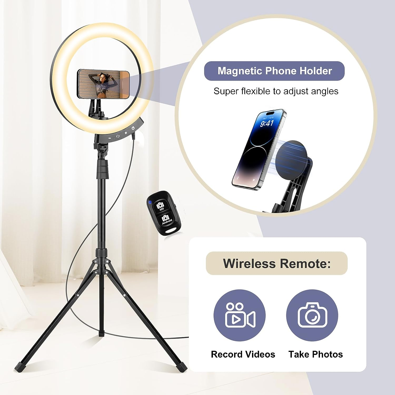 Sensyne Newest 12" Ring Light with 62" Tripod Stand, LED Selfie Circle Light with Strong Magnectic Phone Holder Compatible with Cellphones for Live Stream/Recording/Photography/Youtube/Tiktok image number 4