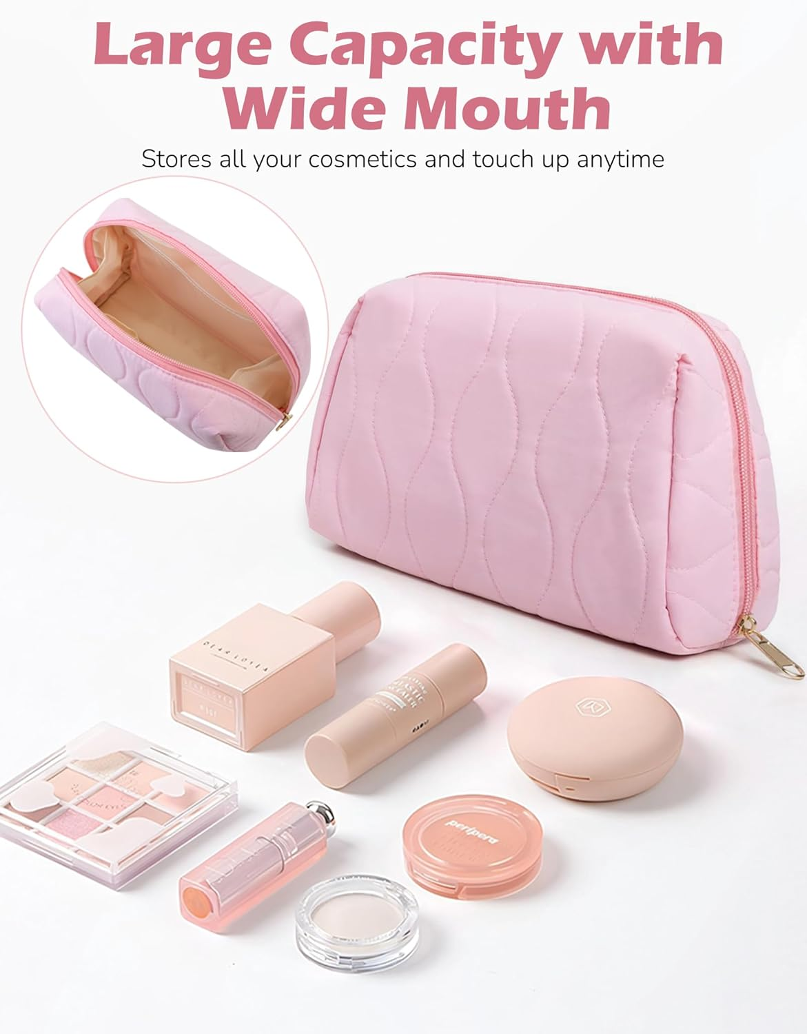 Makeup Bag, Travel Cosmetic Bag, Make up Organizer Case, Travel Toiletry Organizer, Wide-Open Pouch Purse, Cute Makeup Brushes Aesthetic Accessories Storage Bag for Women (Khaki) - Pink image number 6