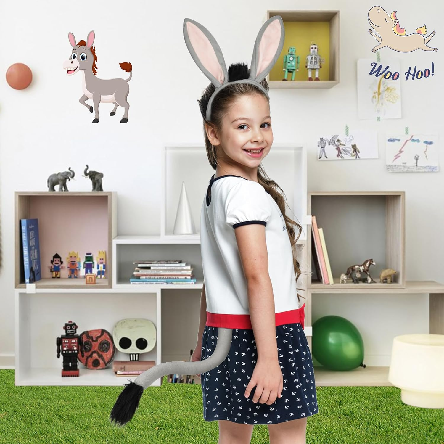 Hifot 2Pcs Donkey Costume Set, Grey Donkey Ears Headband and Tail Set, Donkey Animal Fancy Dress Outfit Animal Costume Accessories for Kids Adults for Cosplay Halloween Carnival Nativity Theme Party image number 2