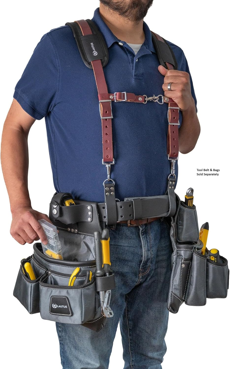 LAUTUS Leather Padded Tool Belt Suspenders W/Chest Strap| Pencil Sleeve| Comfortable & Heavy Duty | Fully Adjustable | Construction Grade |, Black, Regular image number 1
